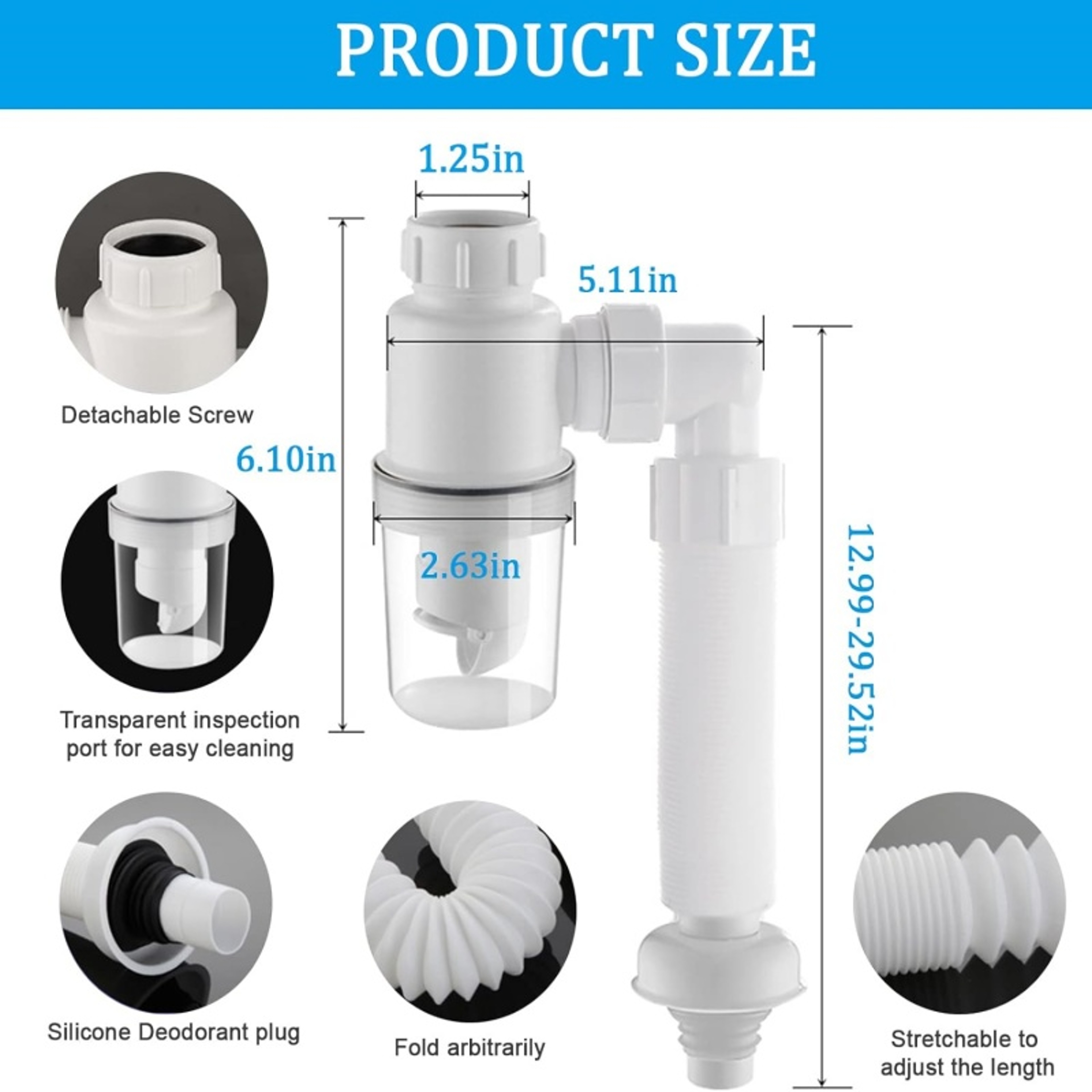 3 Inch Flexible P-Trap Sink Drain Pipe with Deodorizing Filter and Anti-Clog Design – view 5