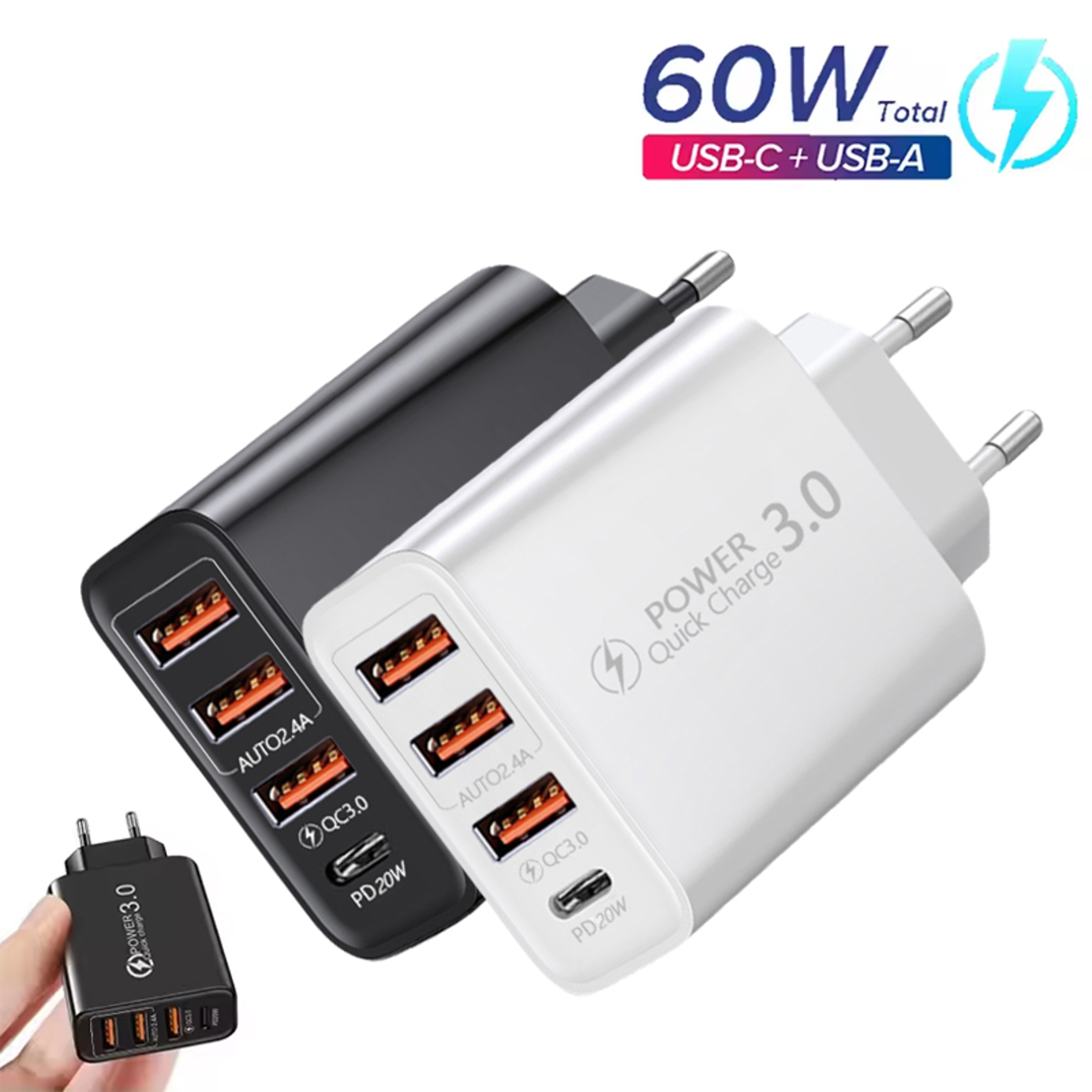 60W USBC Fast Charging Wall Charger With USBA Port And PD Support 0