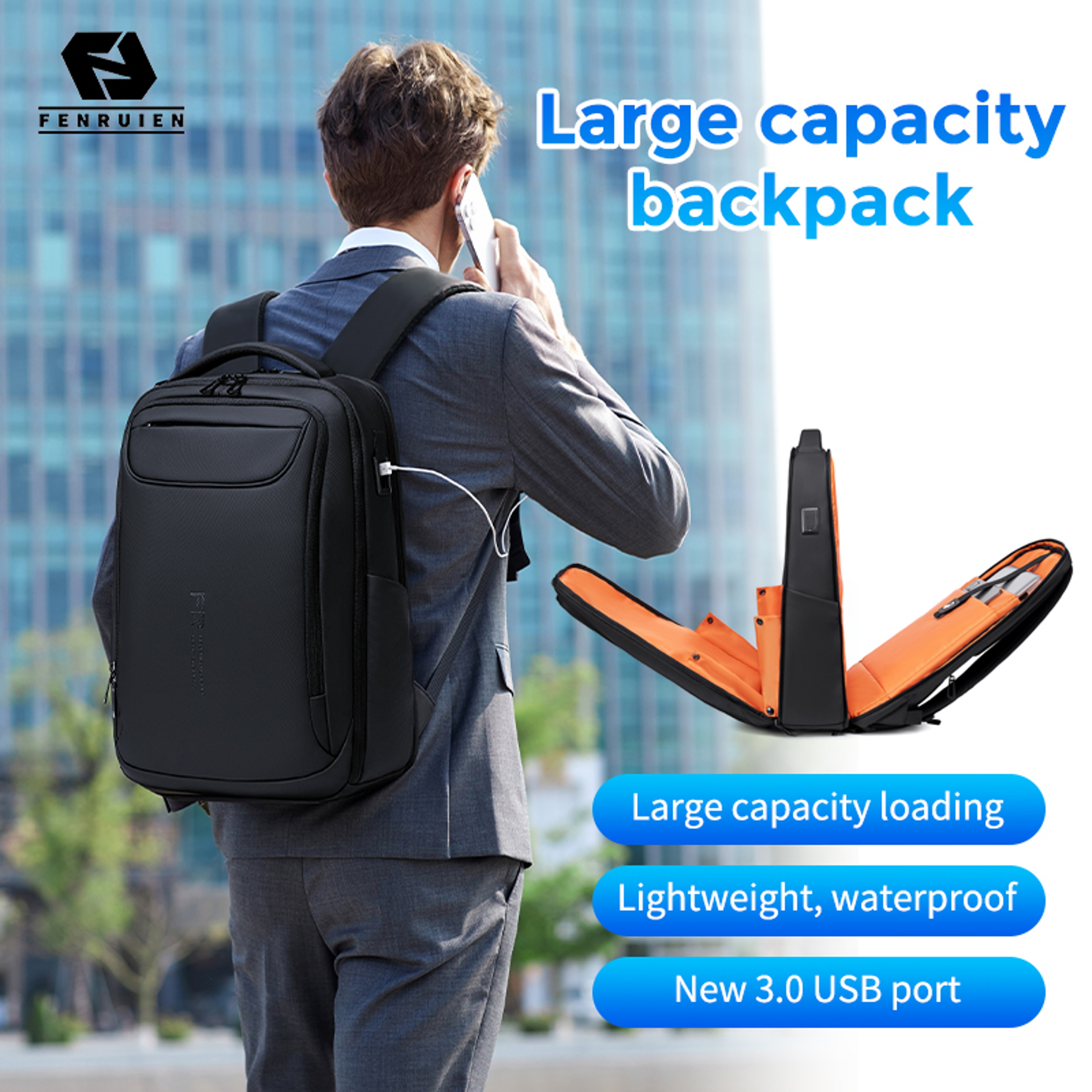 Mens Business Backpack With USB Charging Port  Large Capacity Oxford Laptop Bag 2