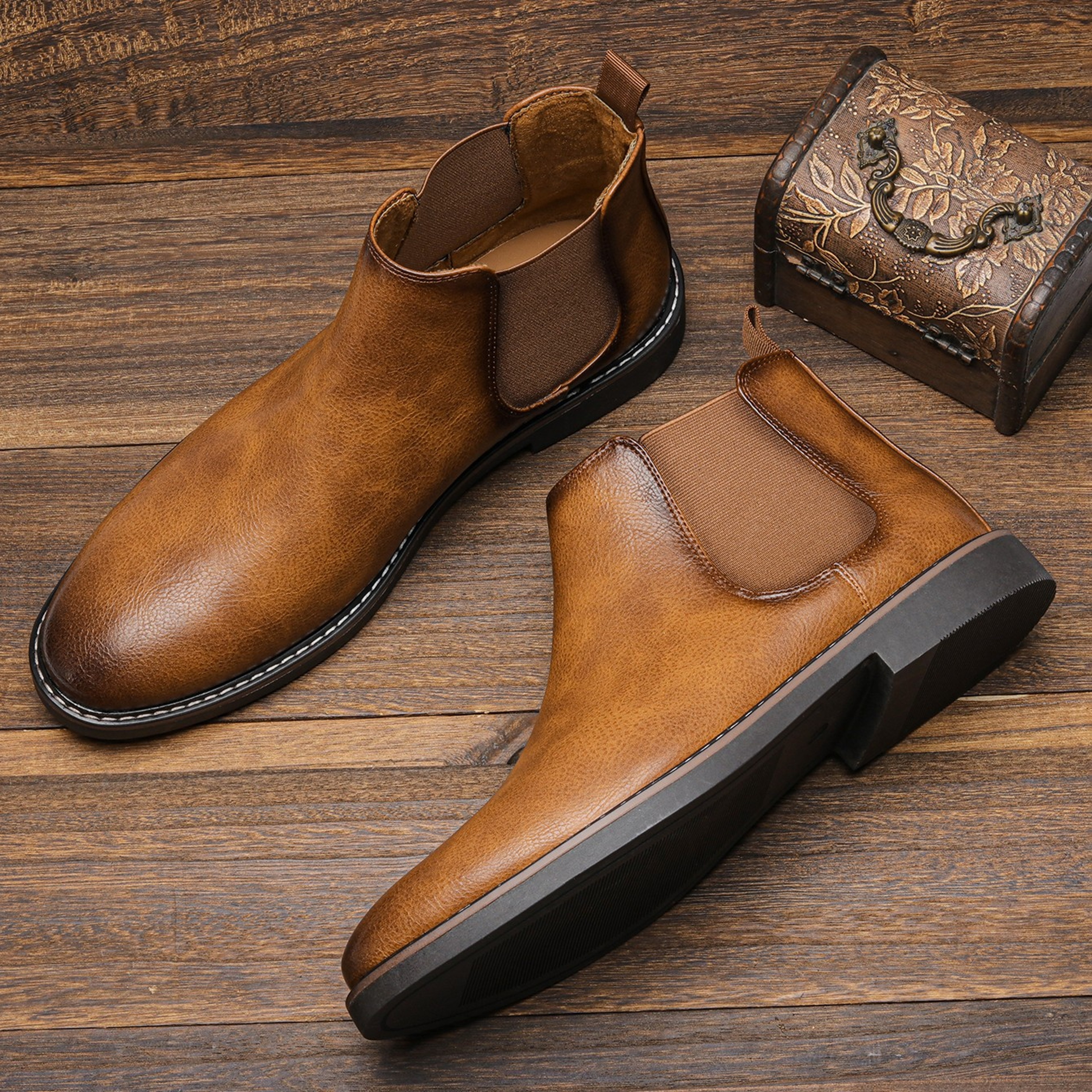 Mens Chelsea Boots  Retro British Style Square Toe SlipOn Ankle Boots 9