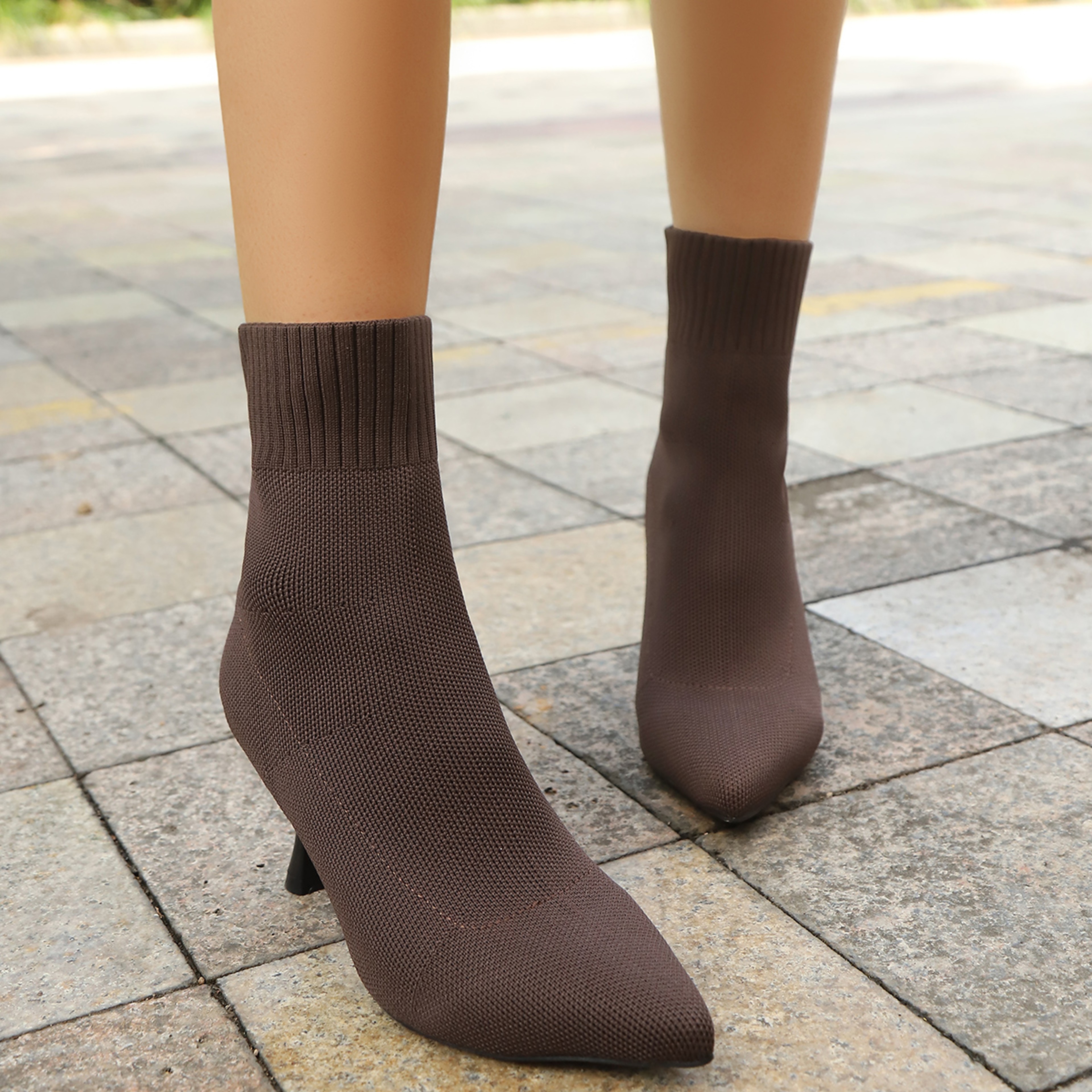 Womens Pointed Toe High Heel Boots  Stretch Fabric SlipOn MidCalf Boots 3