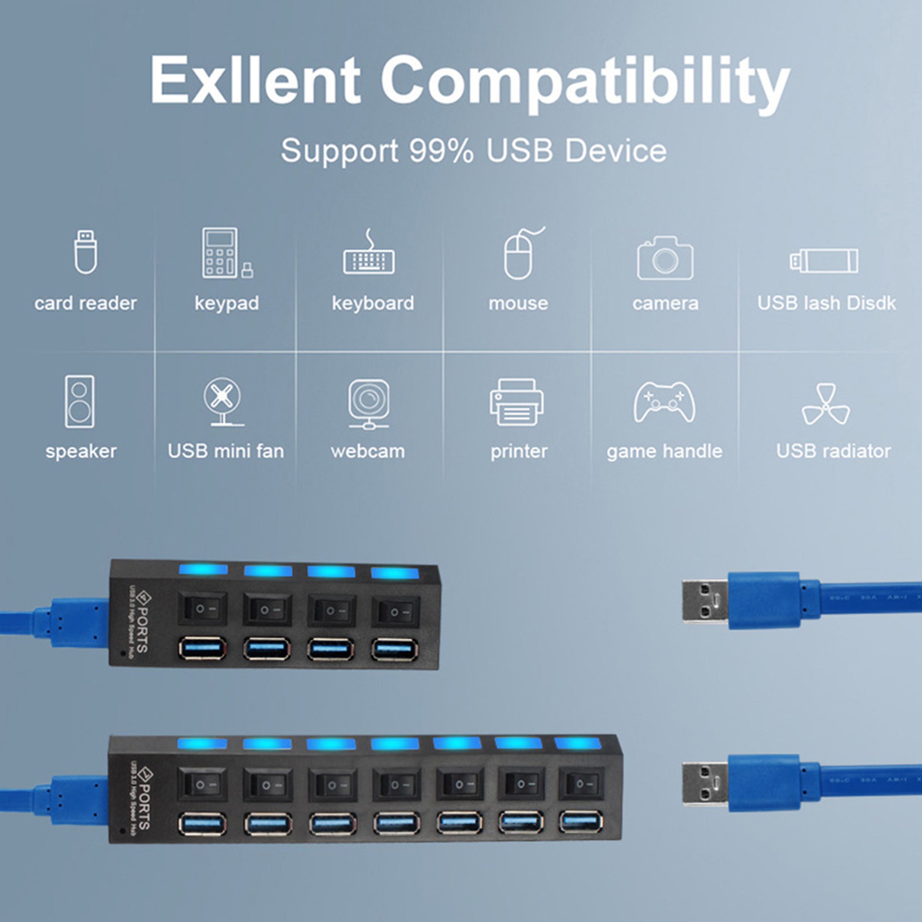 USB 30 Hub With 4 Or 7 Ports  Multiport USB Splitter With Power Adapter And Switch 3