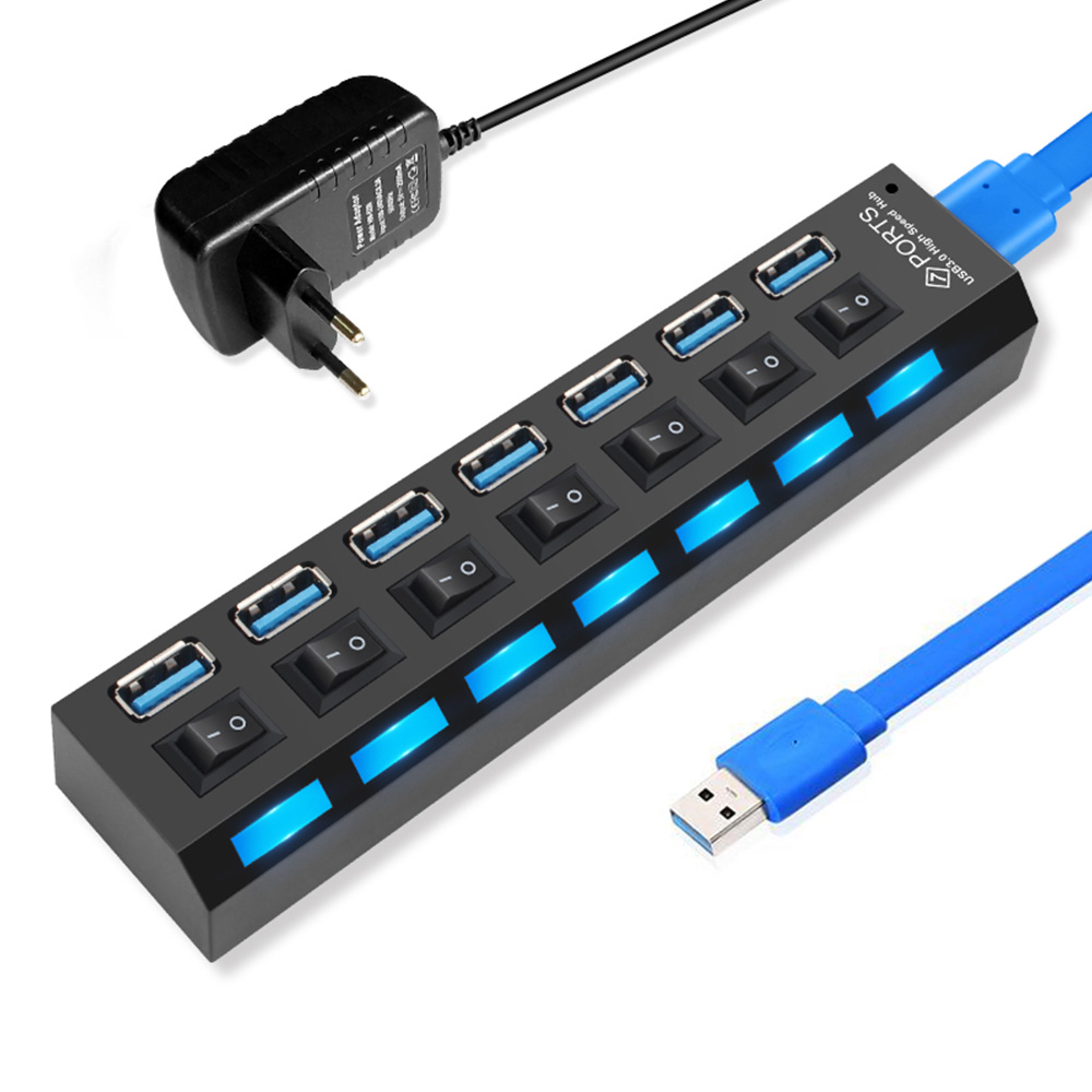 USB 30 Hub With 4 Or 7 Ports  Multiport USB Splitter With Power Adapter And Switch 4