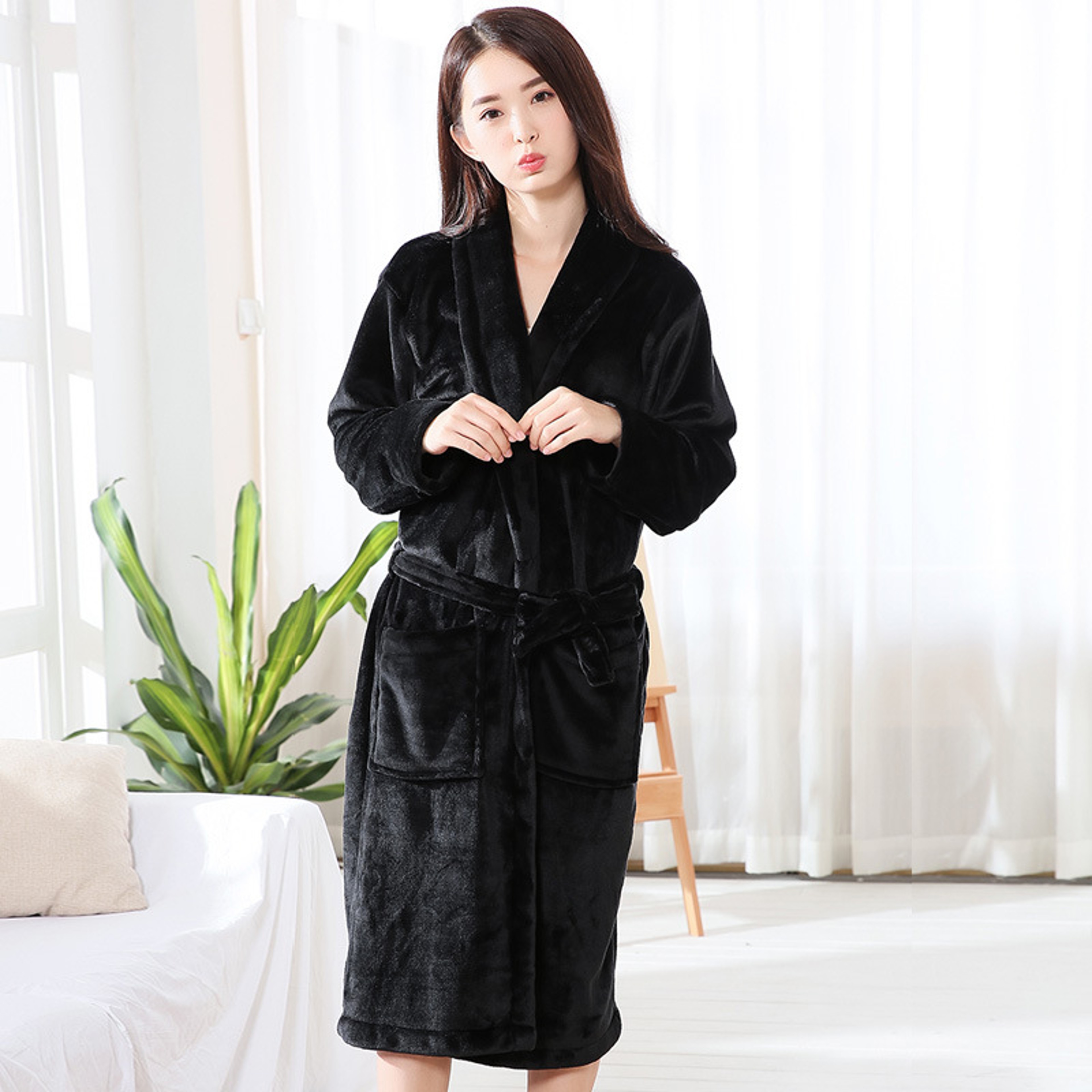 Womens Thick Flannel Bathrobe  Soft Warm Long Sleeve Winter Loungewear 4