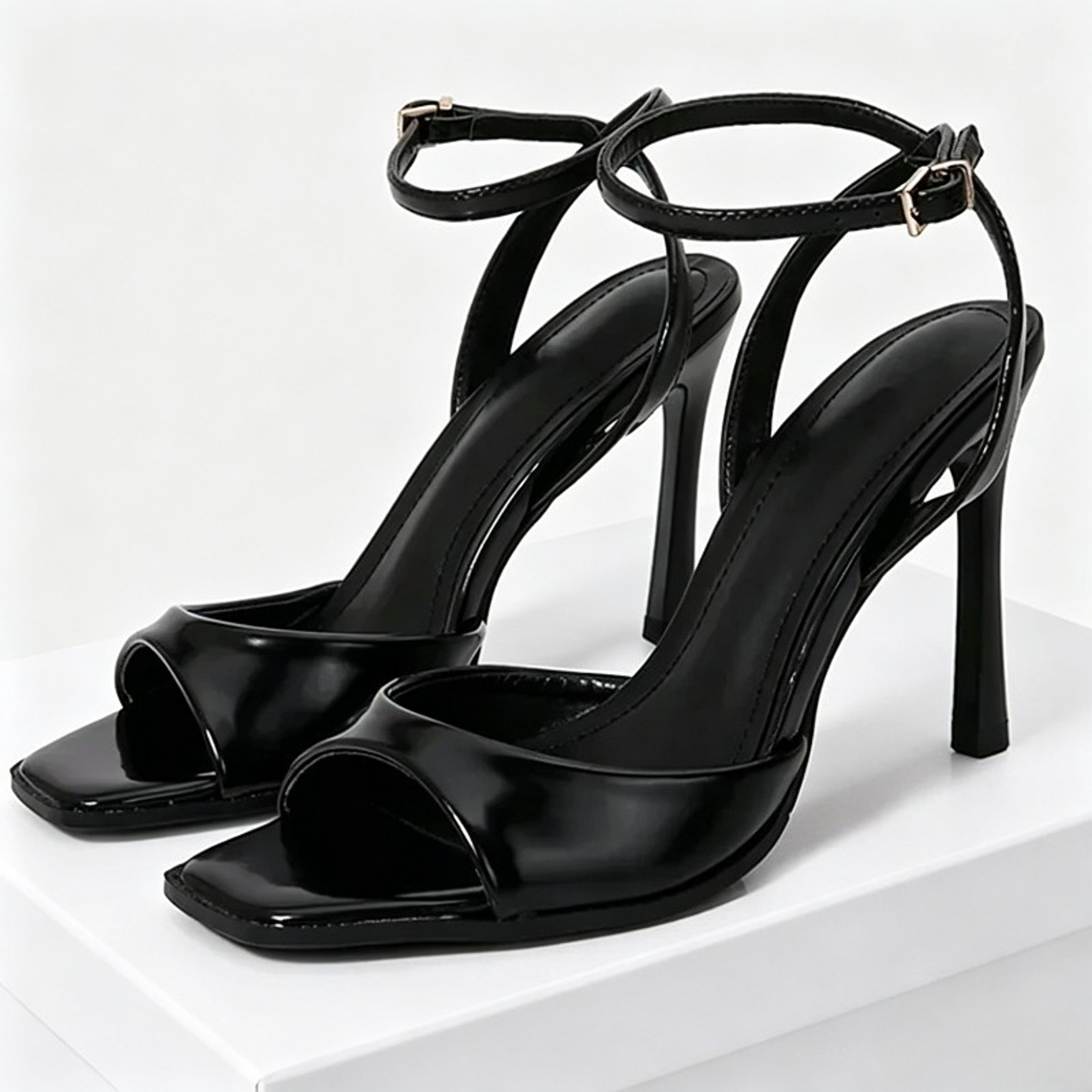 Women's Black Ankle Strap High Heel Sandals with Square Toe and Buckle Closure – view 1