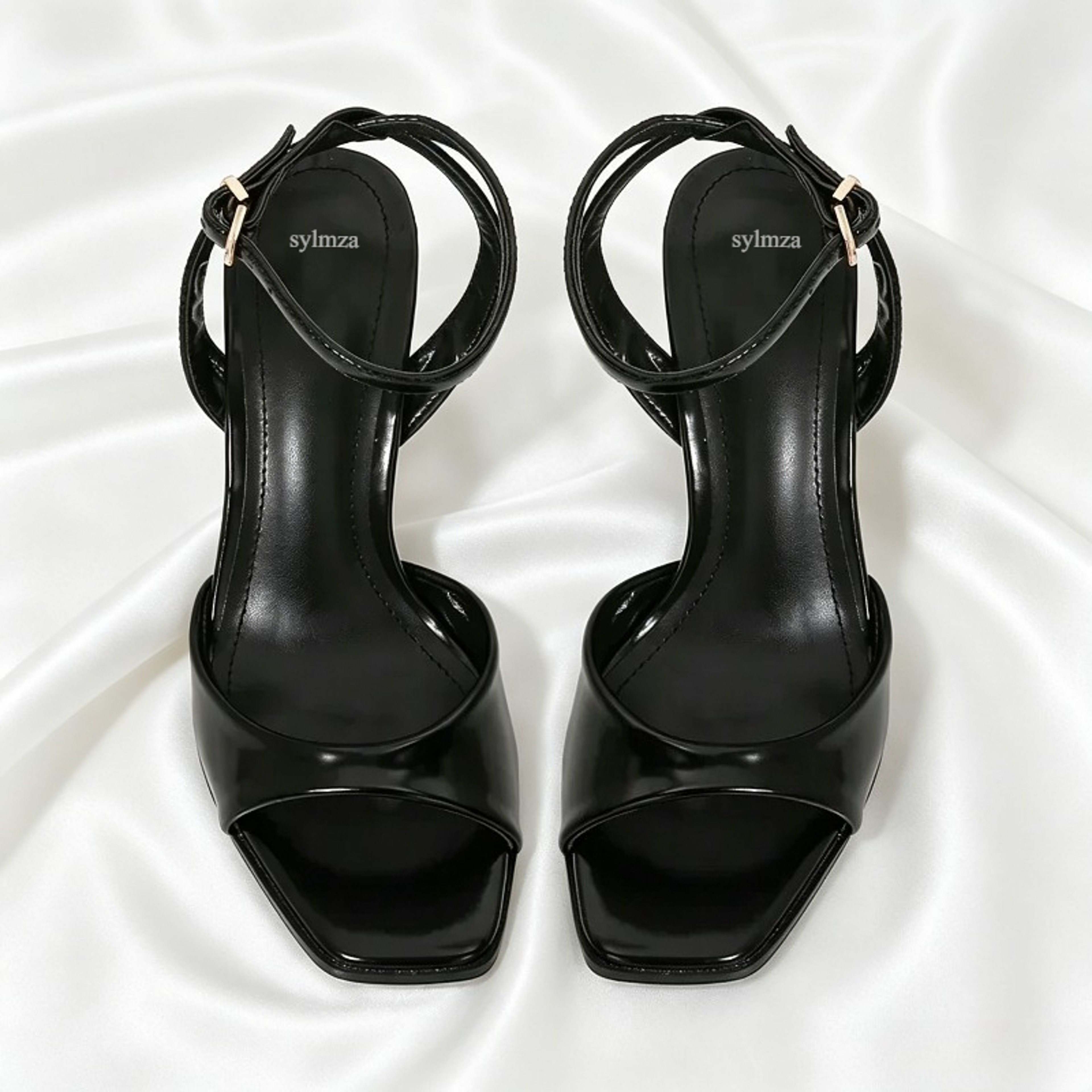 Women's Black Ankle Strap High Heel Sandals with Square Toe and Buckle Closure – view 5