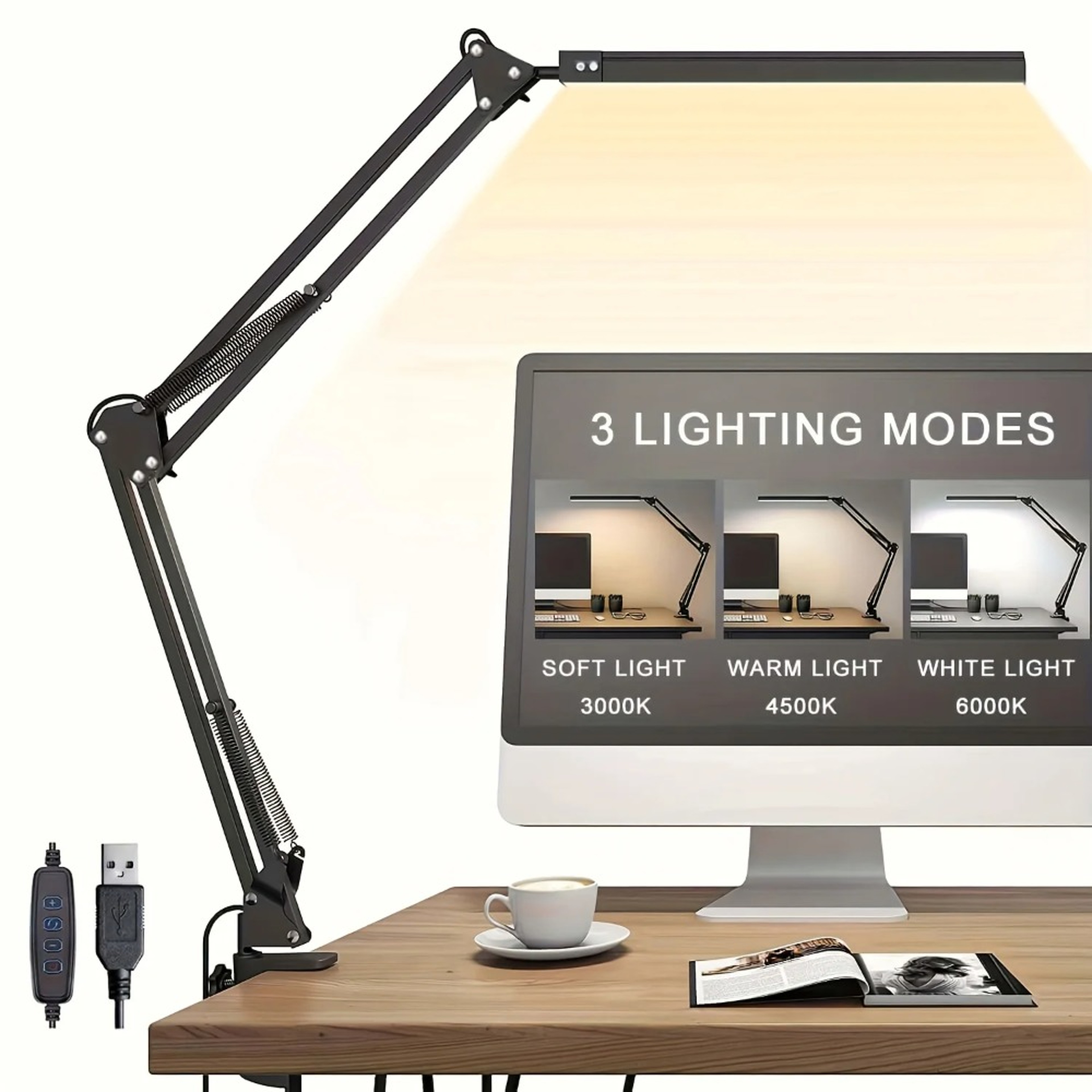 LED Desk Lamp With Clamp  Adjustable Dual Head Dimmable Reading Light With 3 Color Modes 3