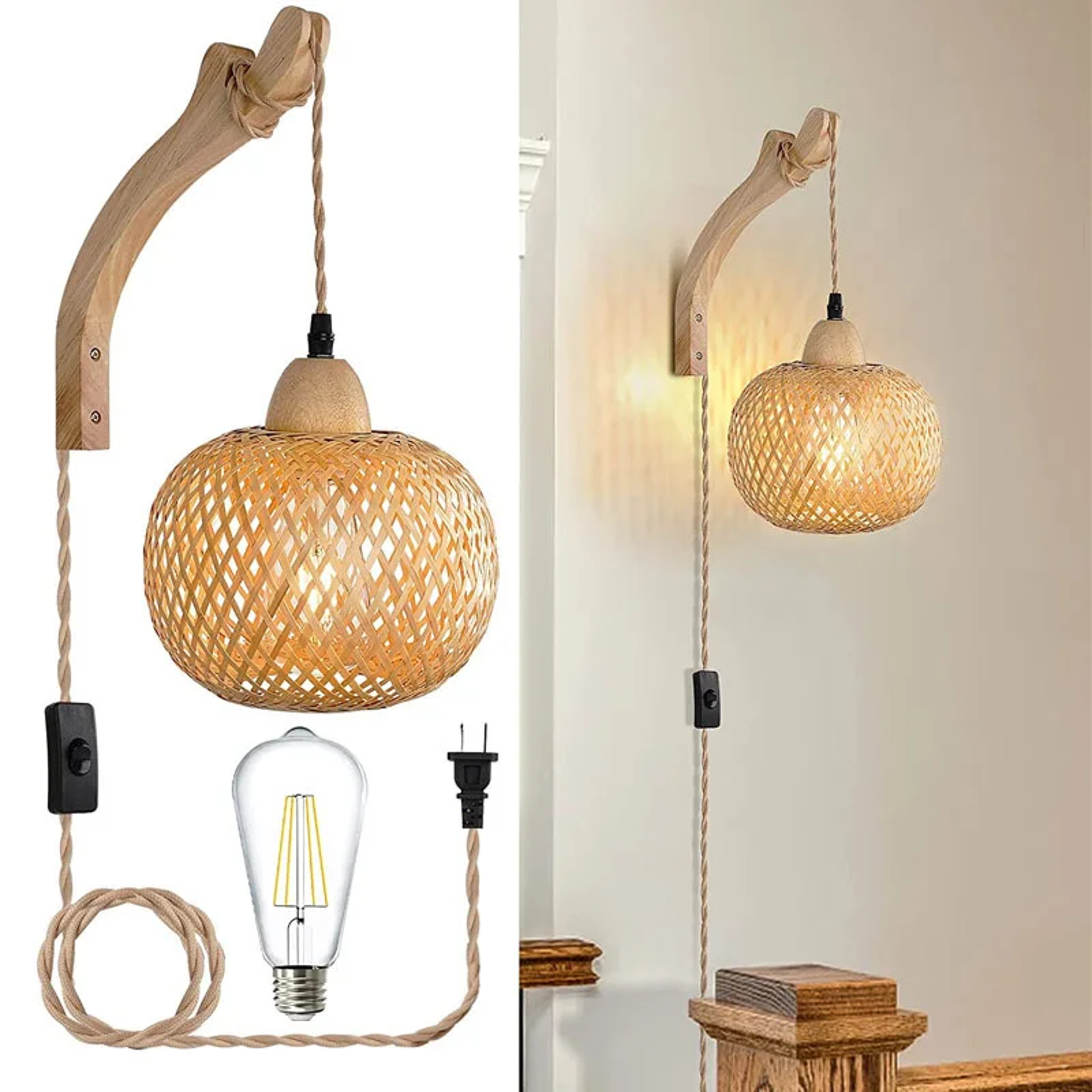 Bamboo Wall Lamp  Handwoven Wicker Lantern Light Fixture With E27 Socket 0