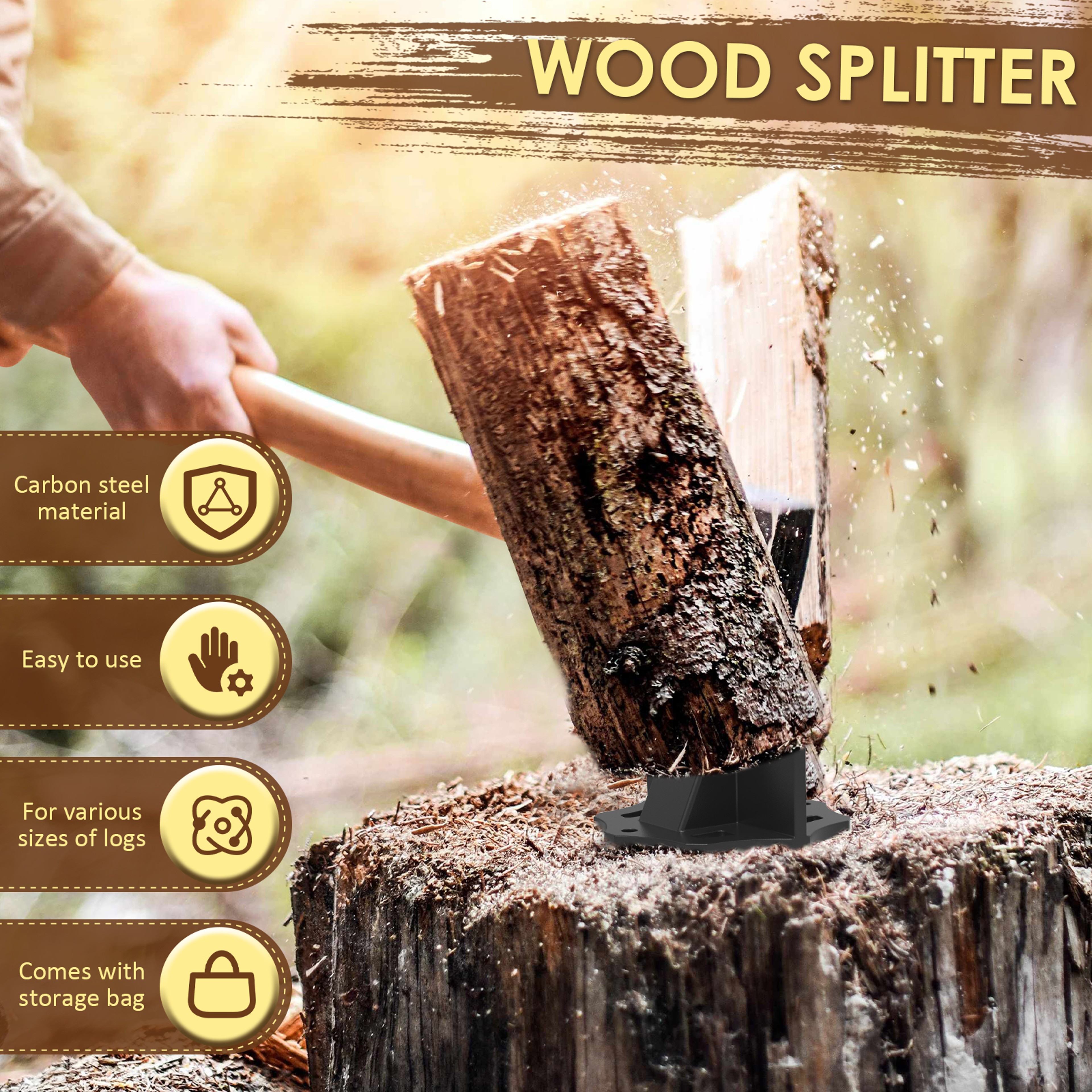 Manual Kindling Splitter  Portable Carbon Steel Firewood Splitting Tool With Storage Bag 3