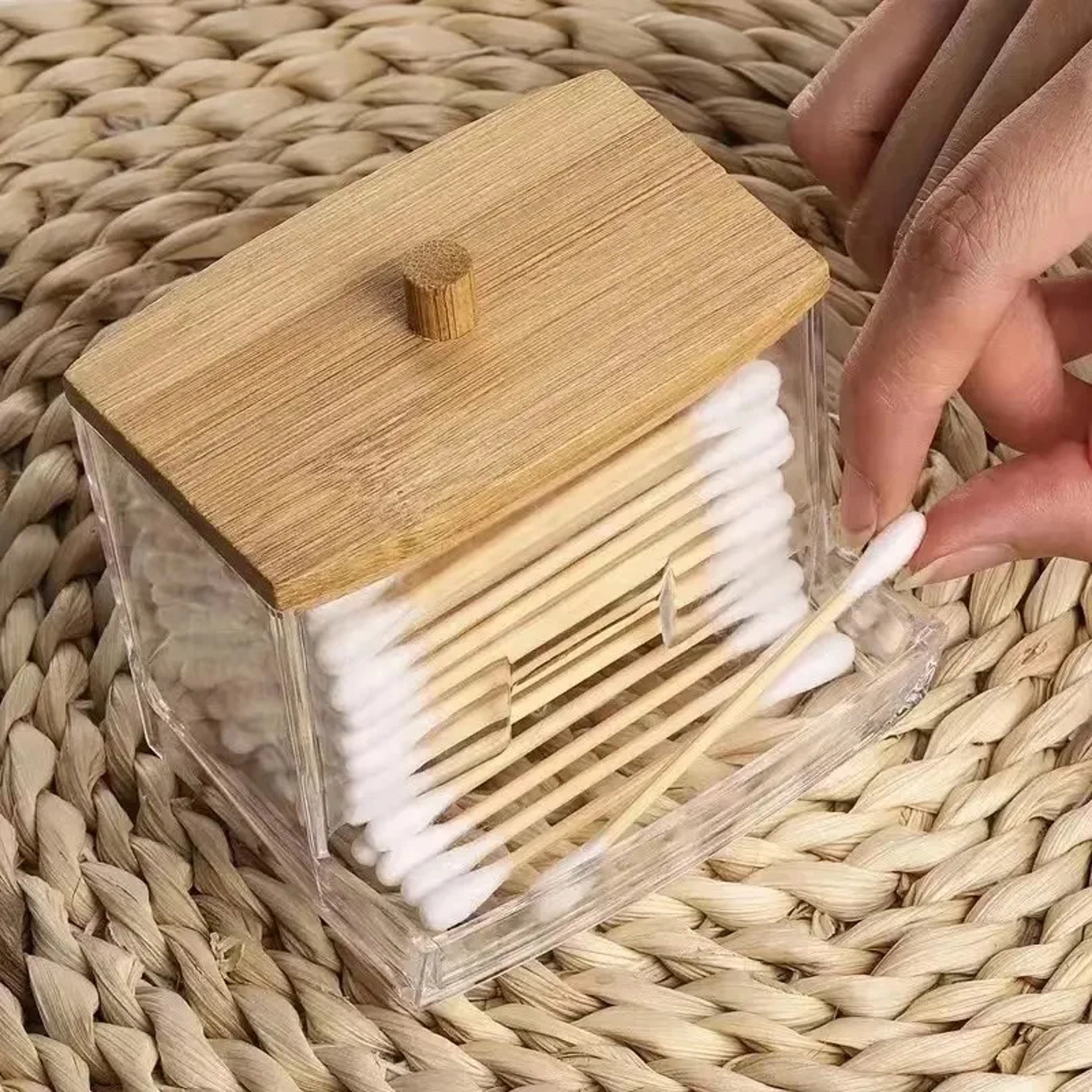 Cotton Swab Storage Box With Clear Square Container And Bamboo Lid 1