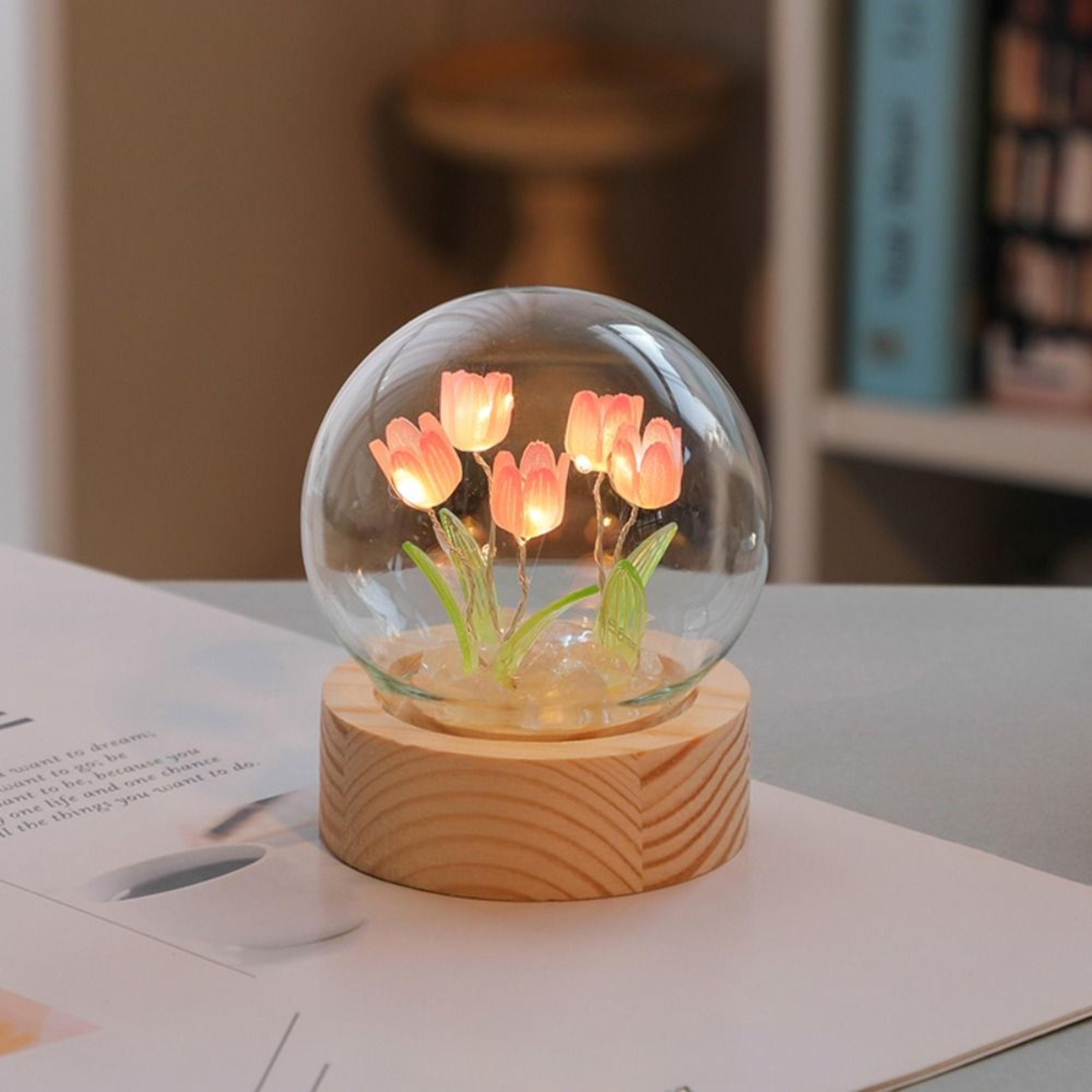 3D Tulip LED Night Light With Wooden Base And Warm White Glow 7