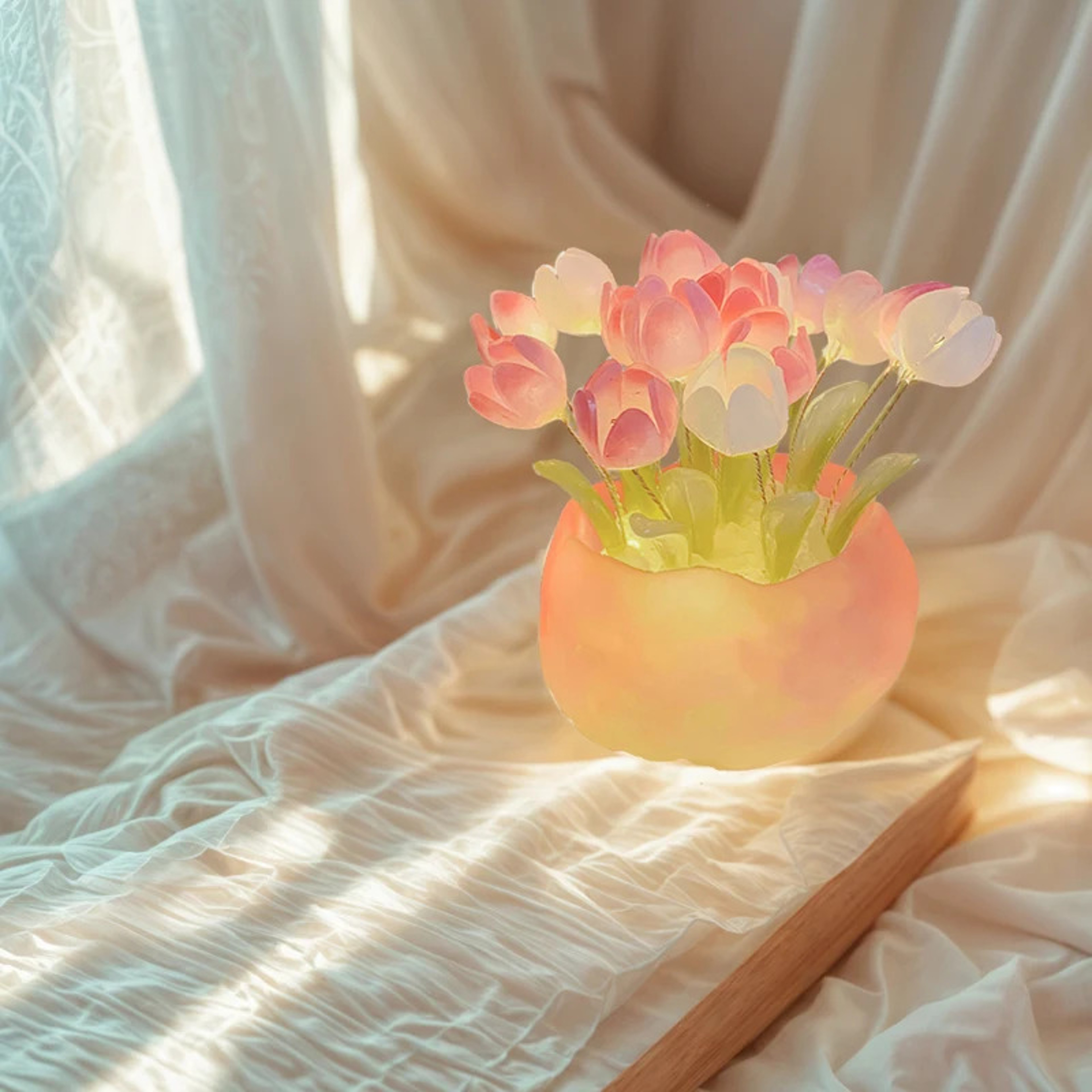 DIY Tulip Pumpkin Cup Night Light With Pink Flowers And LED Lighting 3