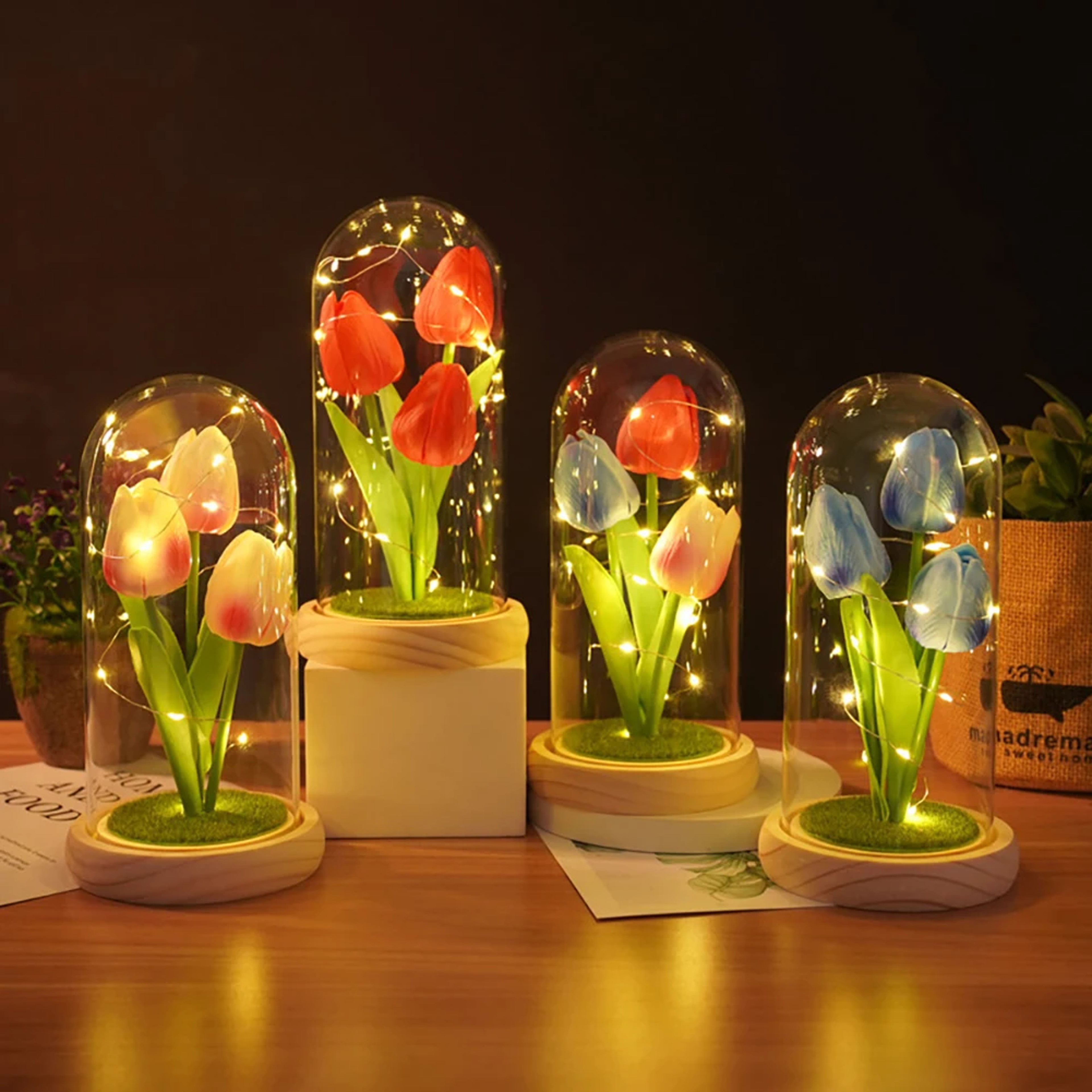 Tulip Night Light With Glass Cover And Wooden Base  Romantic Floral Gift 4
