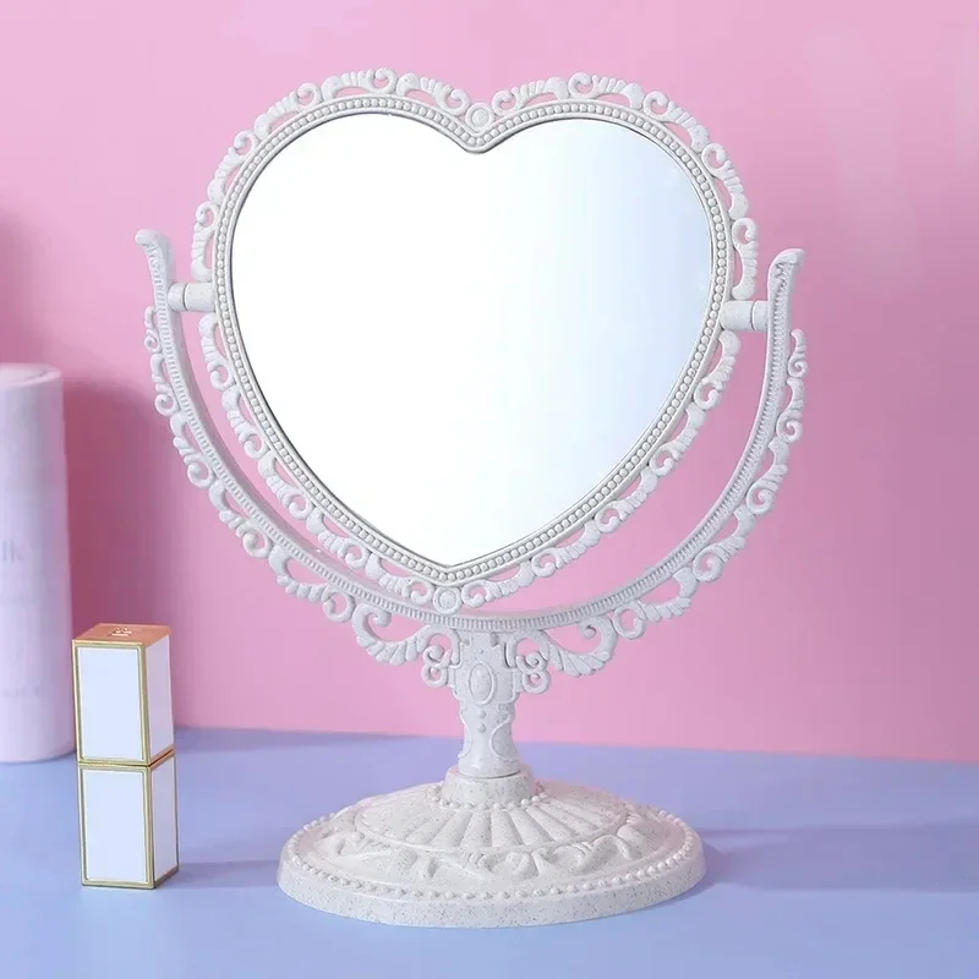Pink HeartShaped Retro Makeup Mirror With DoubleSided Design 5
