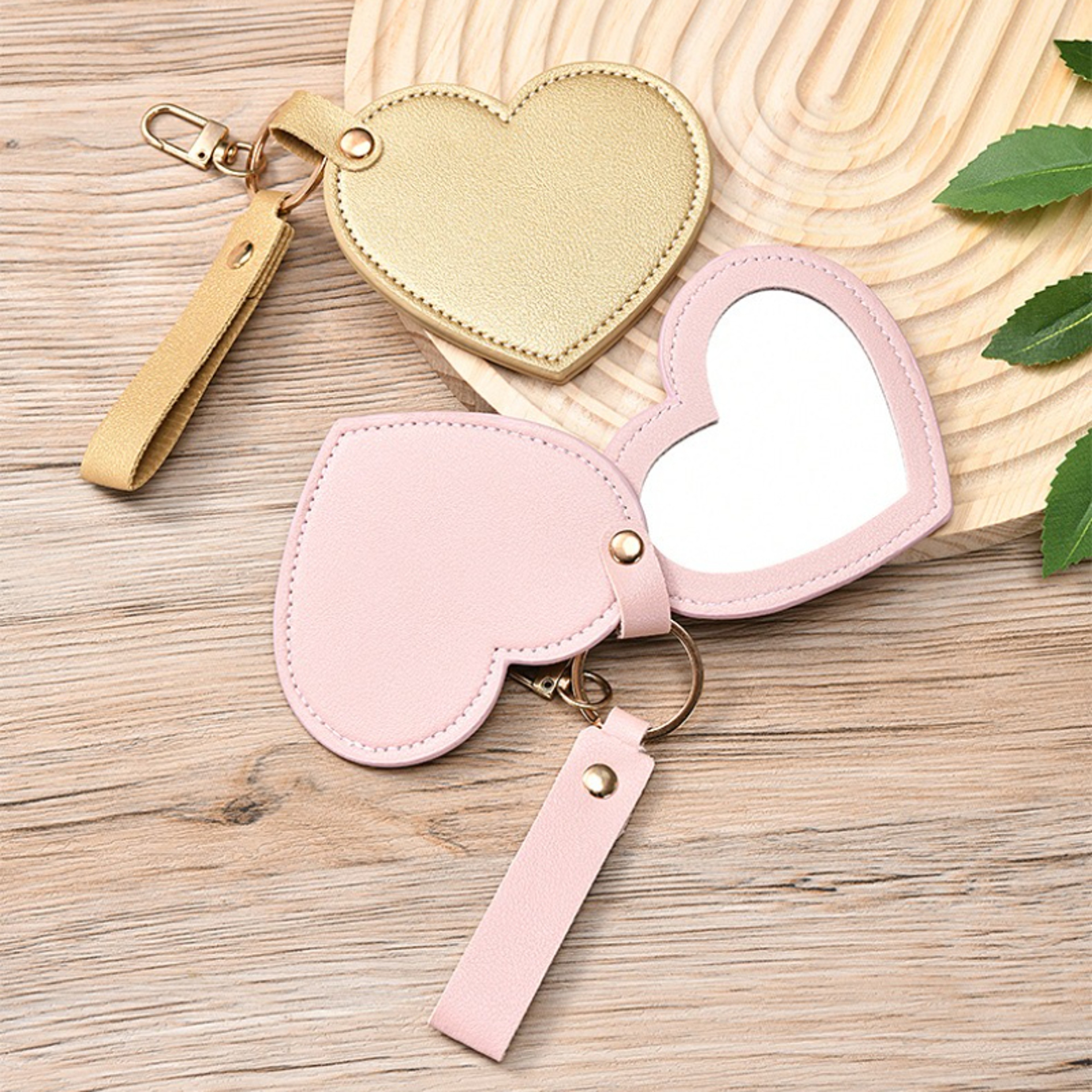 Heart Shaped Compact Makeup Mirror With PU Leather Cover And Keychain 3