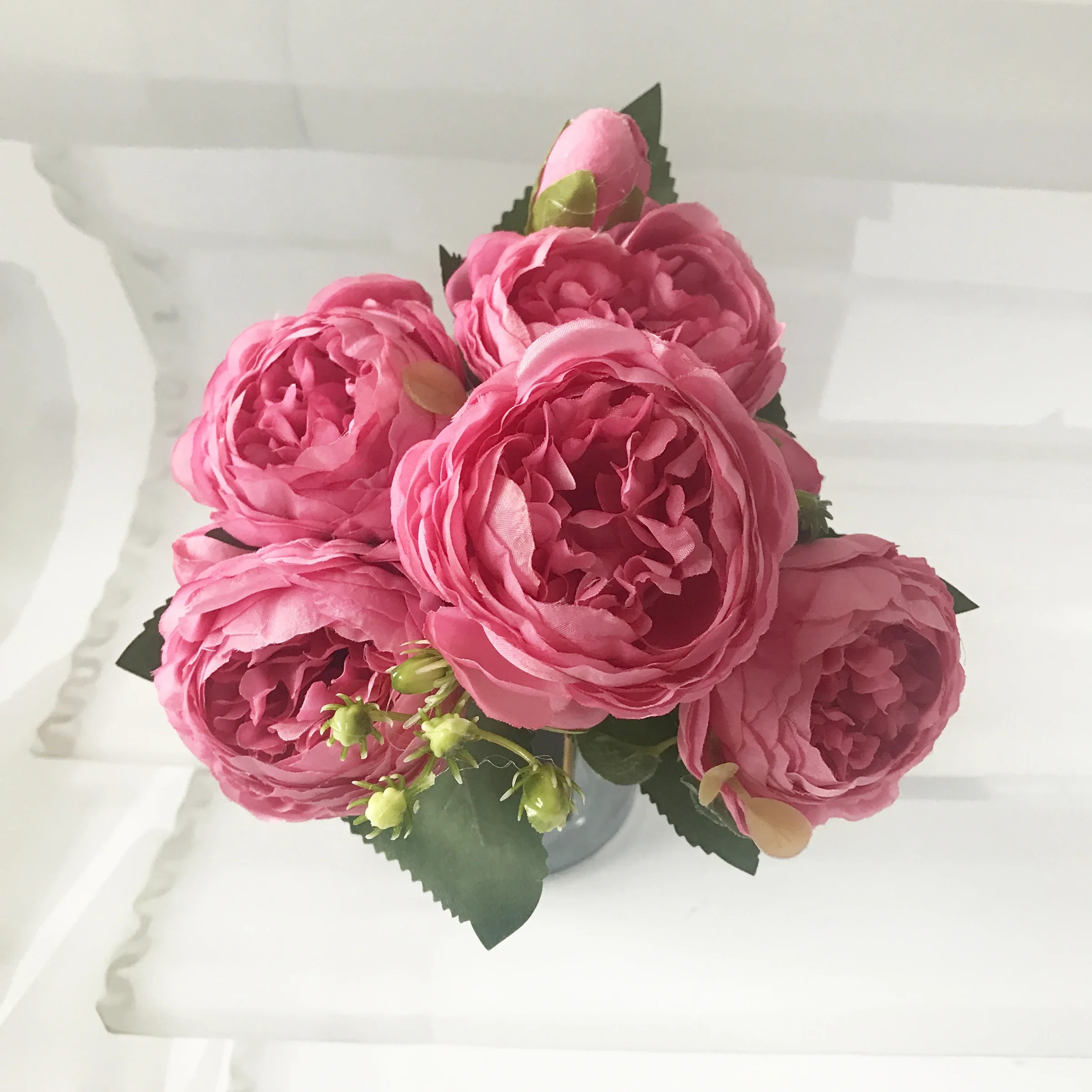 Artificial Silk Peony Bouquet With 5 Blooms And 4 Buds For Wedding And Home Decor 9