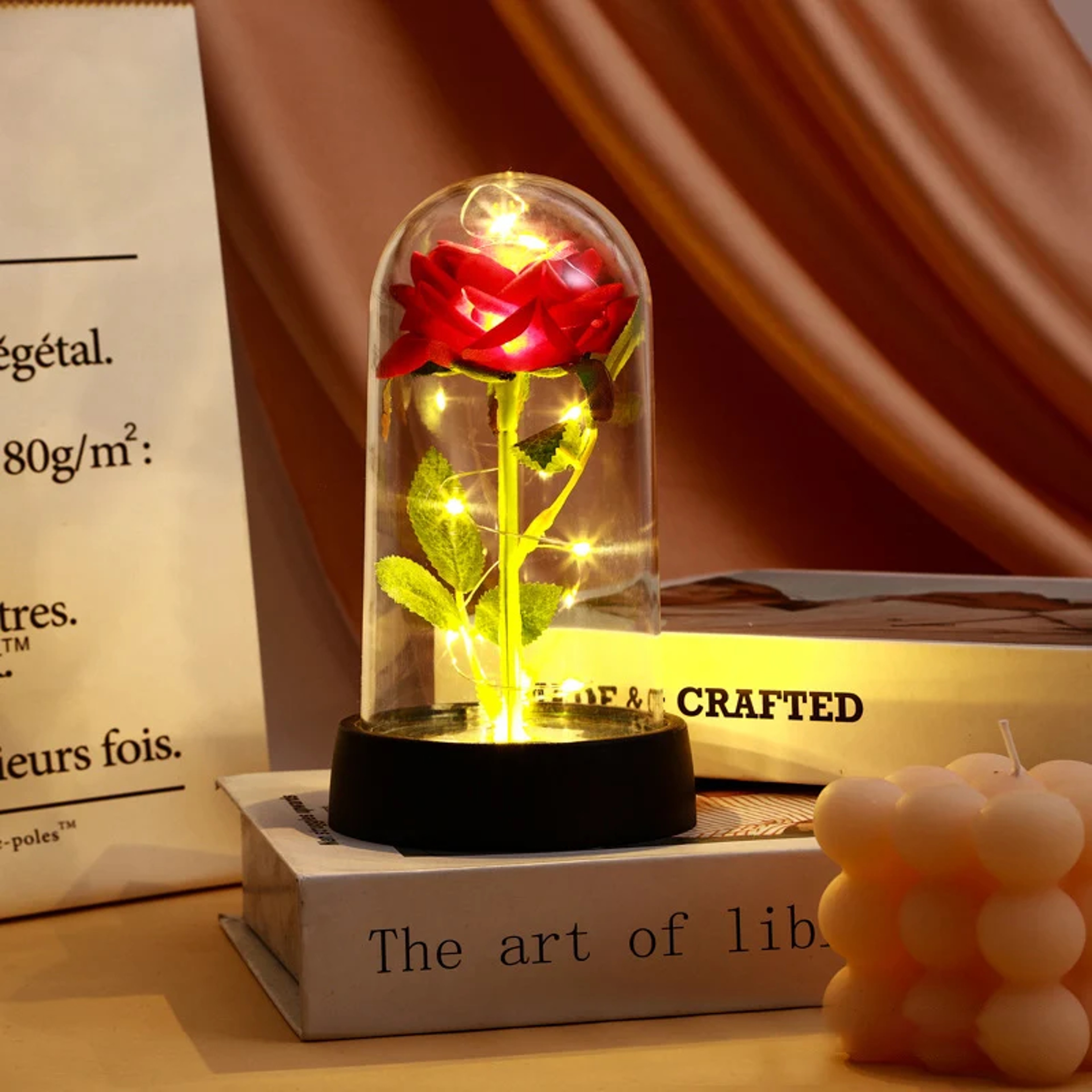 LED Rose In Glass Dome With Artificial Silk Flower For Romantic Home Decor 9