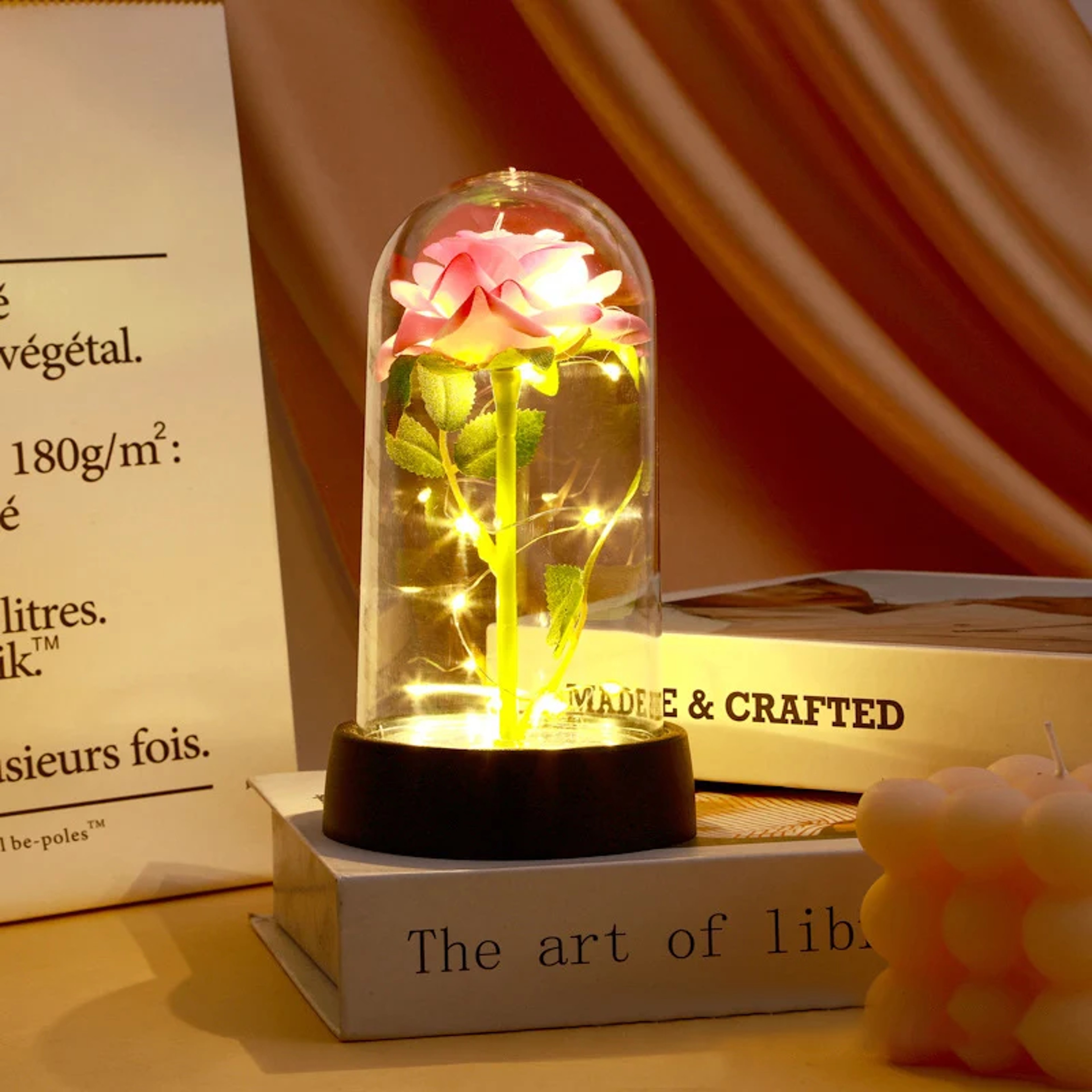 LED Rose In Glass Dome With Artificial Silk Flower For Romantic Home Decor 11