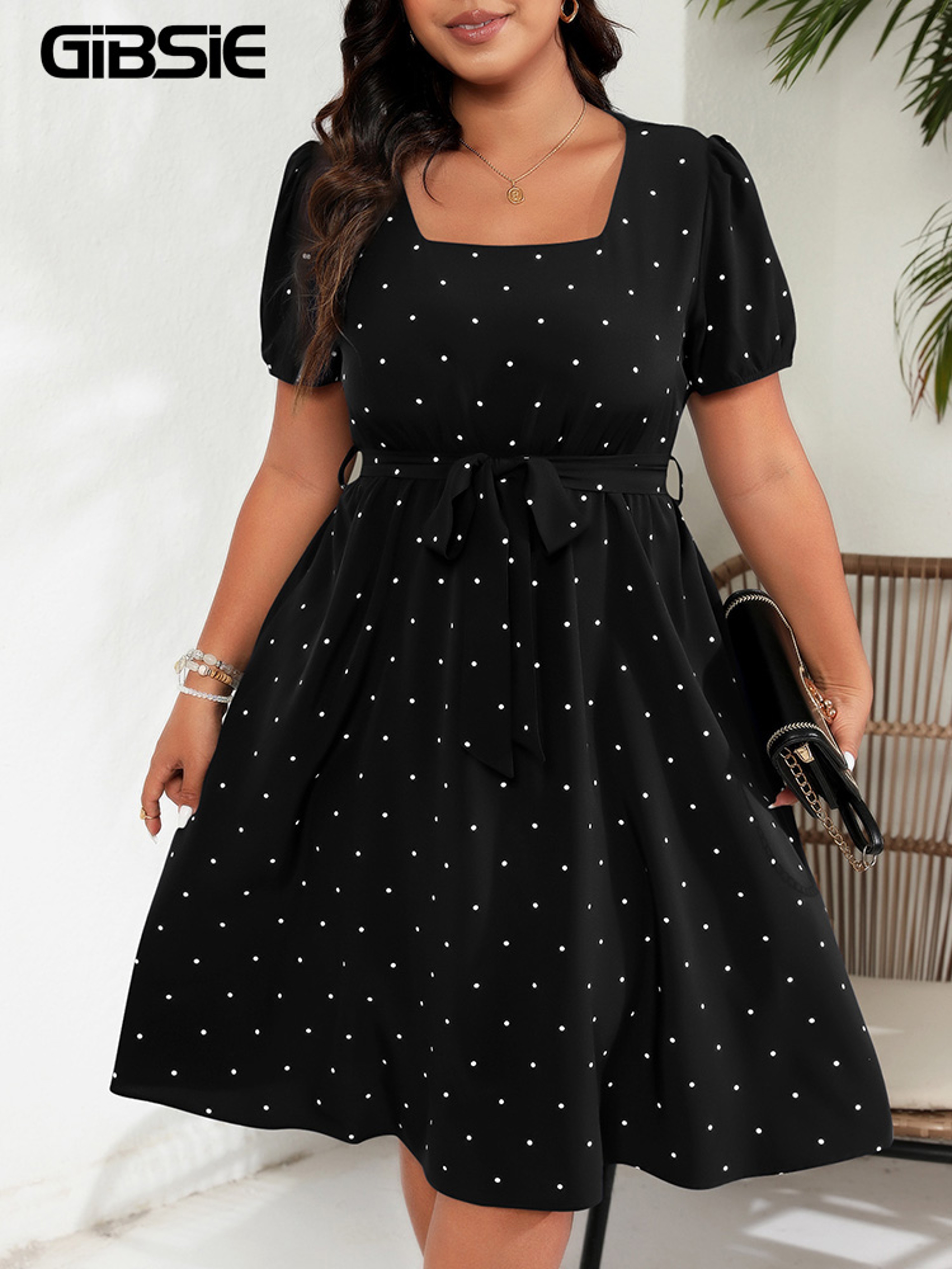 Womens Plus Size Square Neck Polka Dot ALine Dress With Puff Sleeves 1