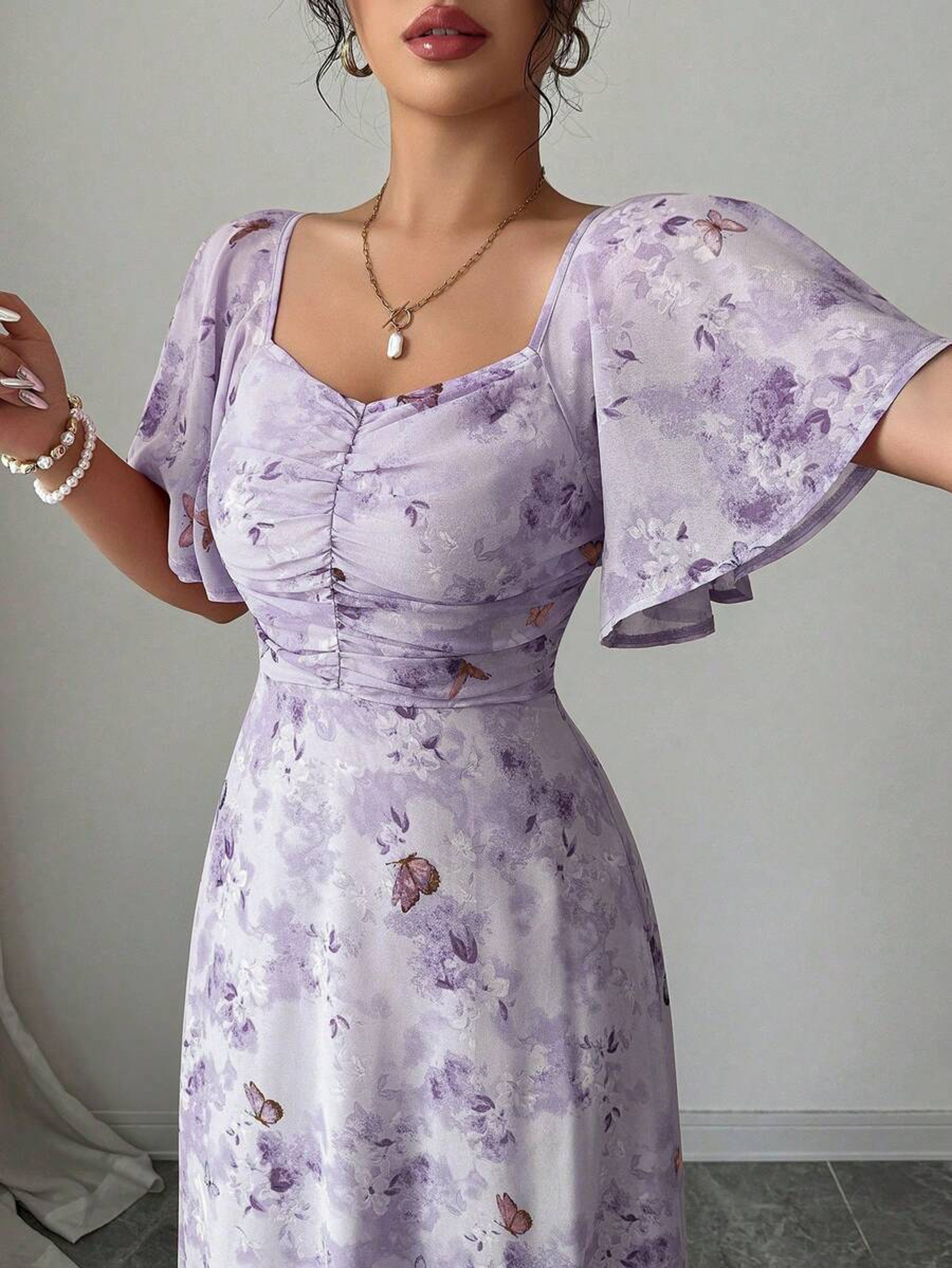 Women's French Style Butterfly Print A-Line Dress with Batwing Sleeves – view 5