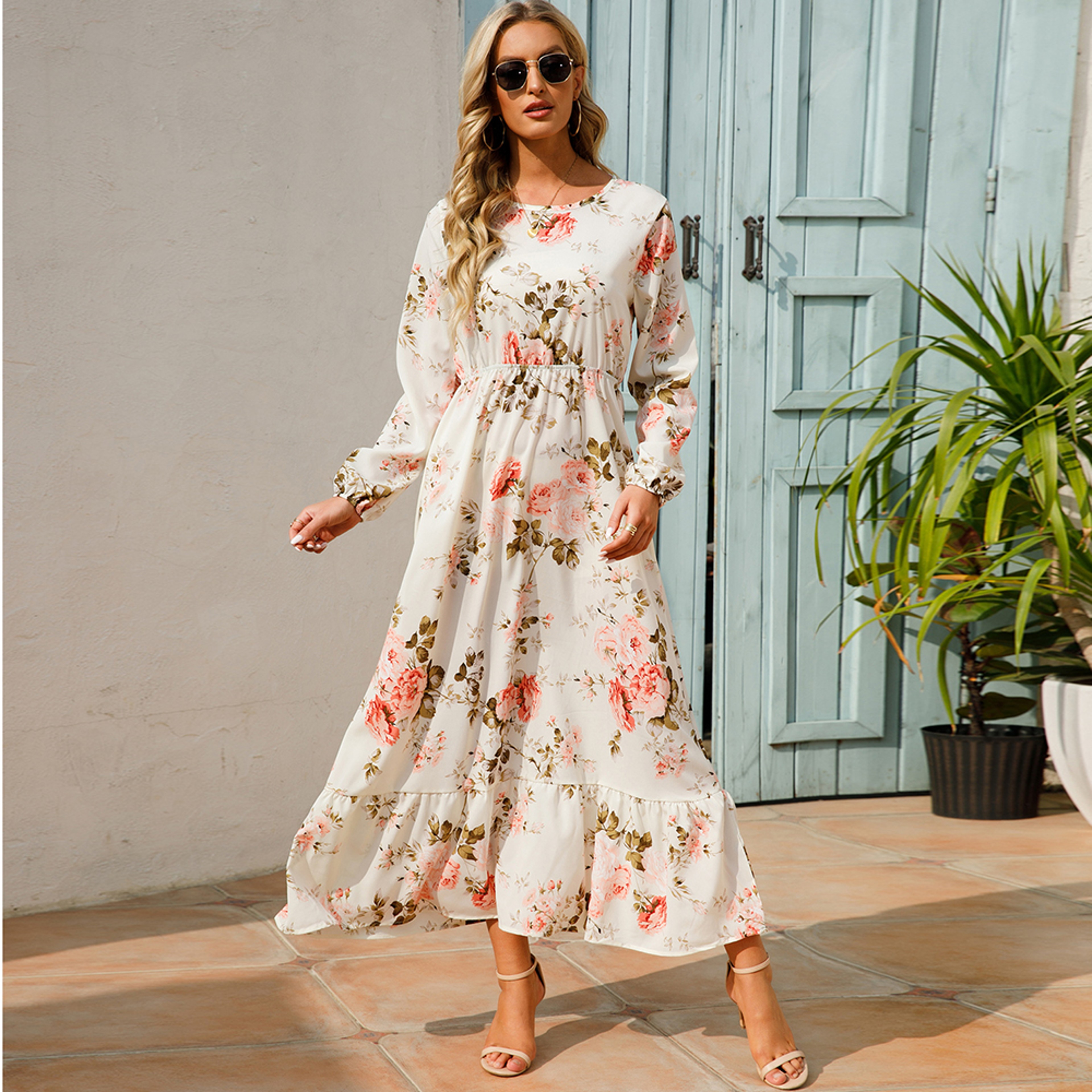 Womens Bohemian Floral Chiffon Midi Dress With Puff Sleeves And Elastic Waist 1