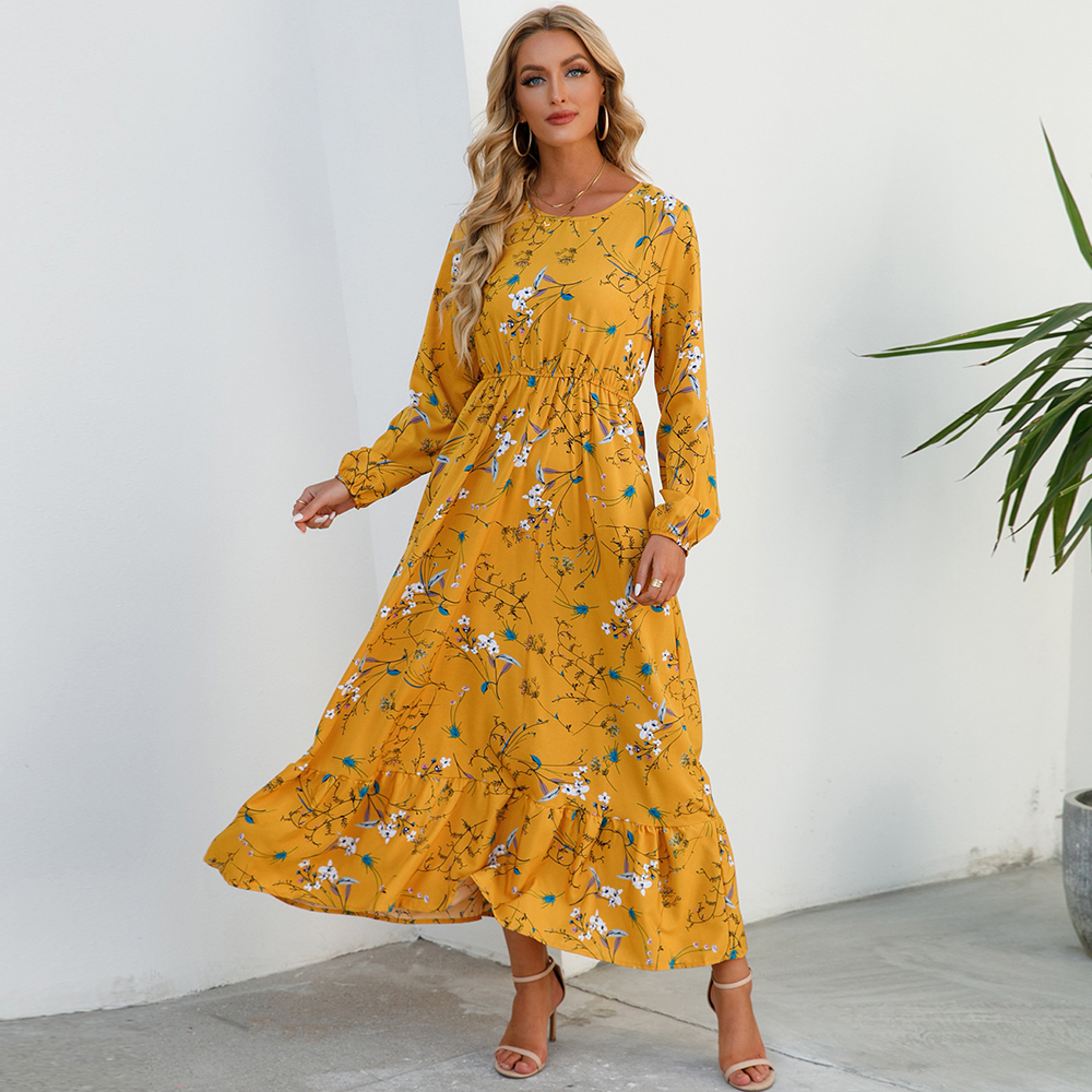 Womens Bohemian Floral Chiffon Midi Dress With Puff Sleeves And Elastic Waist 13