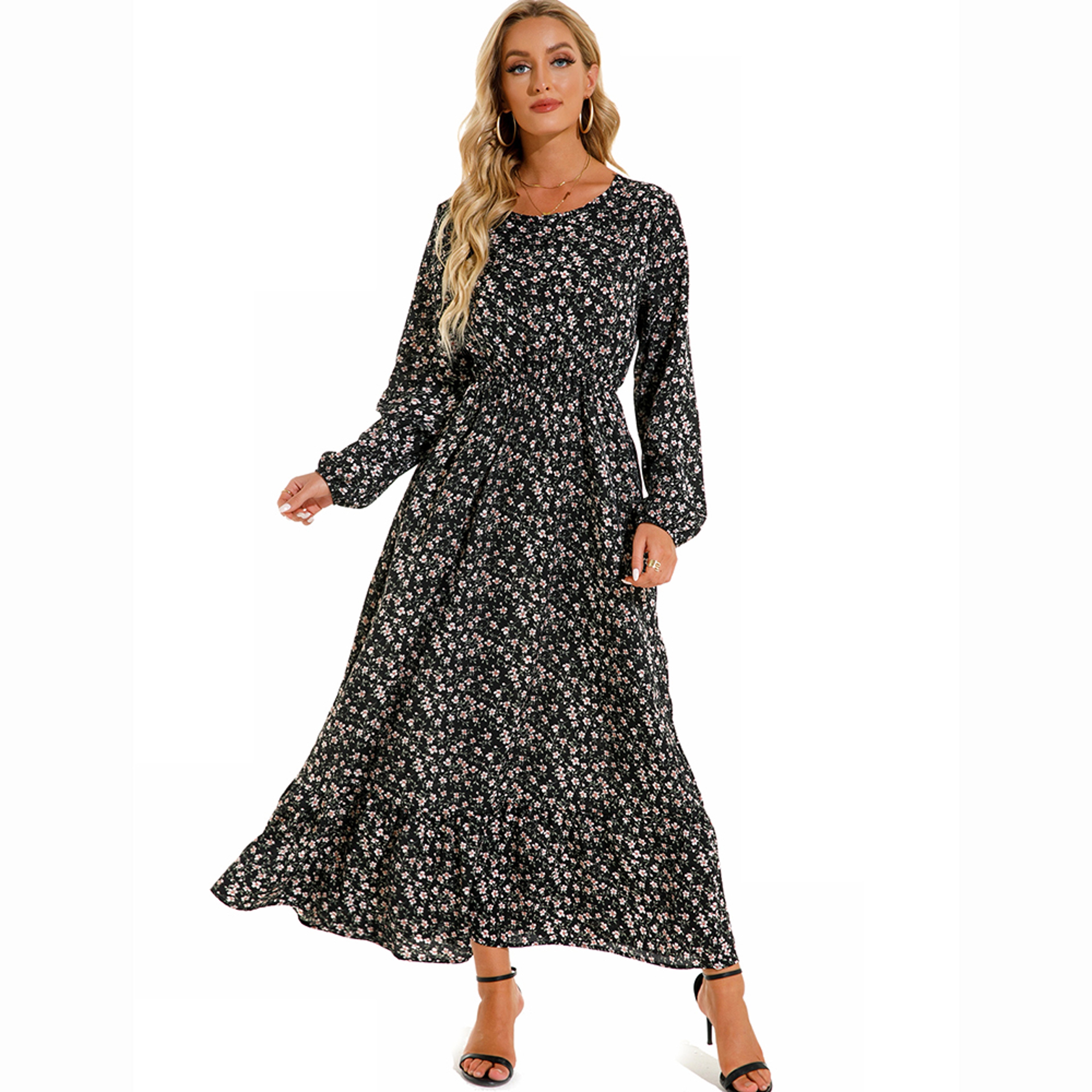 Womens Bohemian Floral Chiffon Midi Dress With Puff Sleeves And Elastic Waist 17