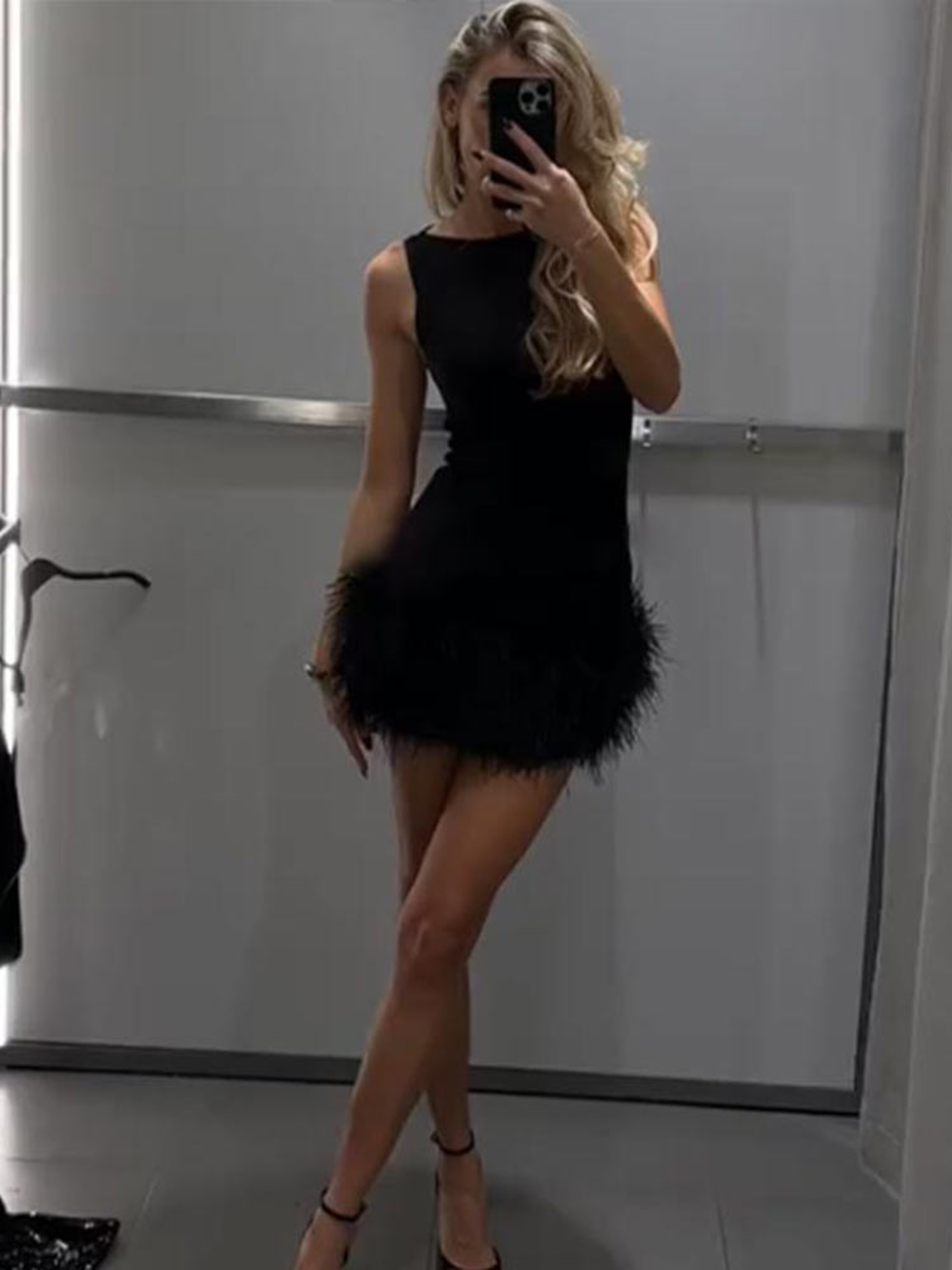 Women's Black Feather Mini Dress with Off-the-Shoulder Halter Neckline – view 6