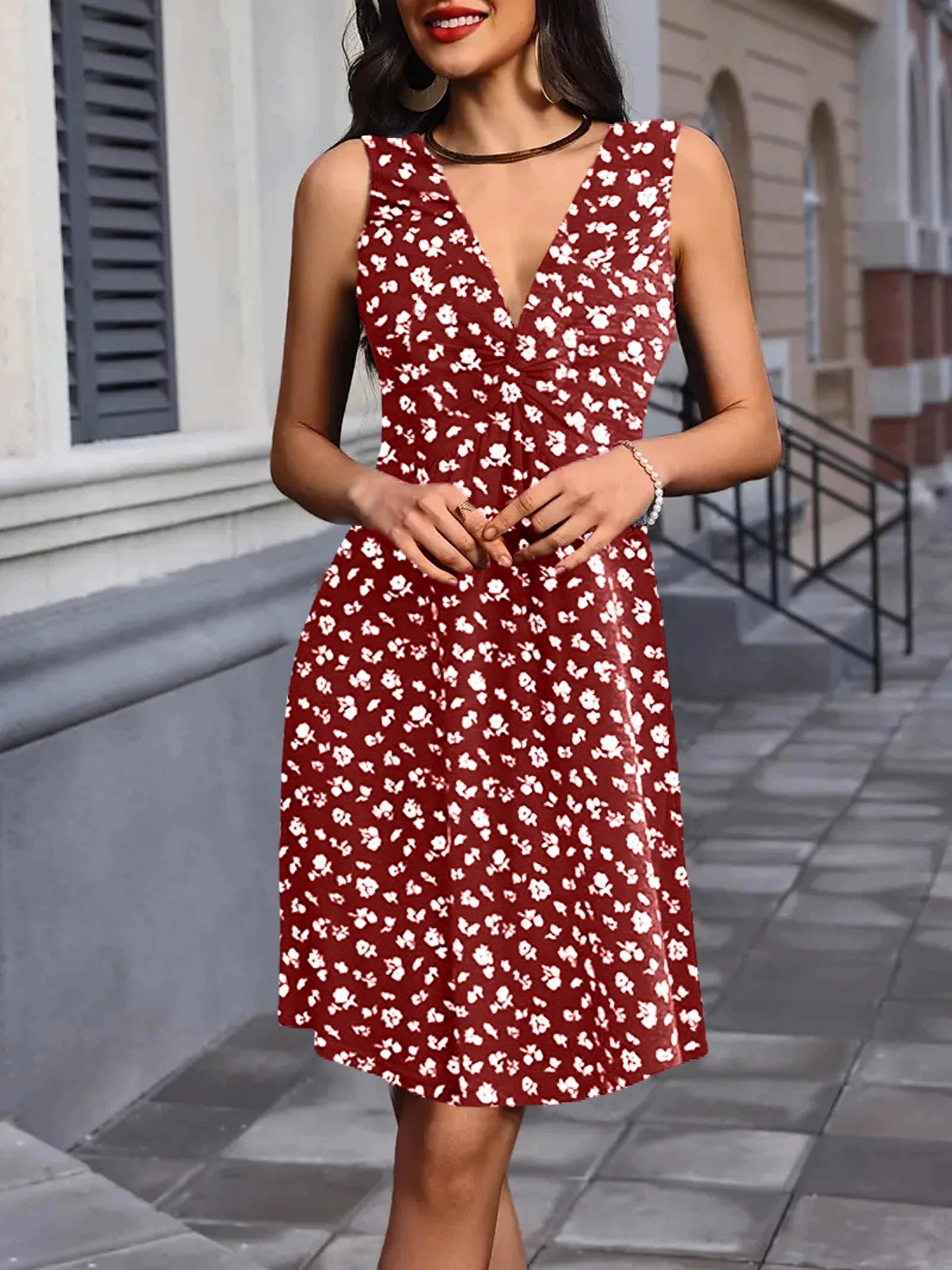 Womens Sleeveless VNeck Printed ALine KneeLength Dress 6