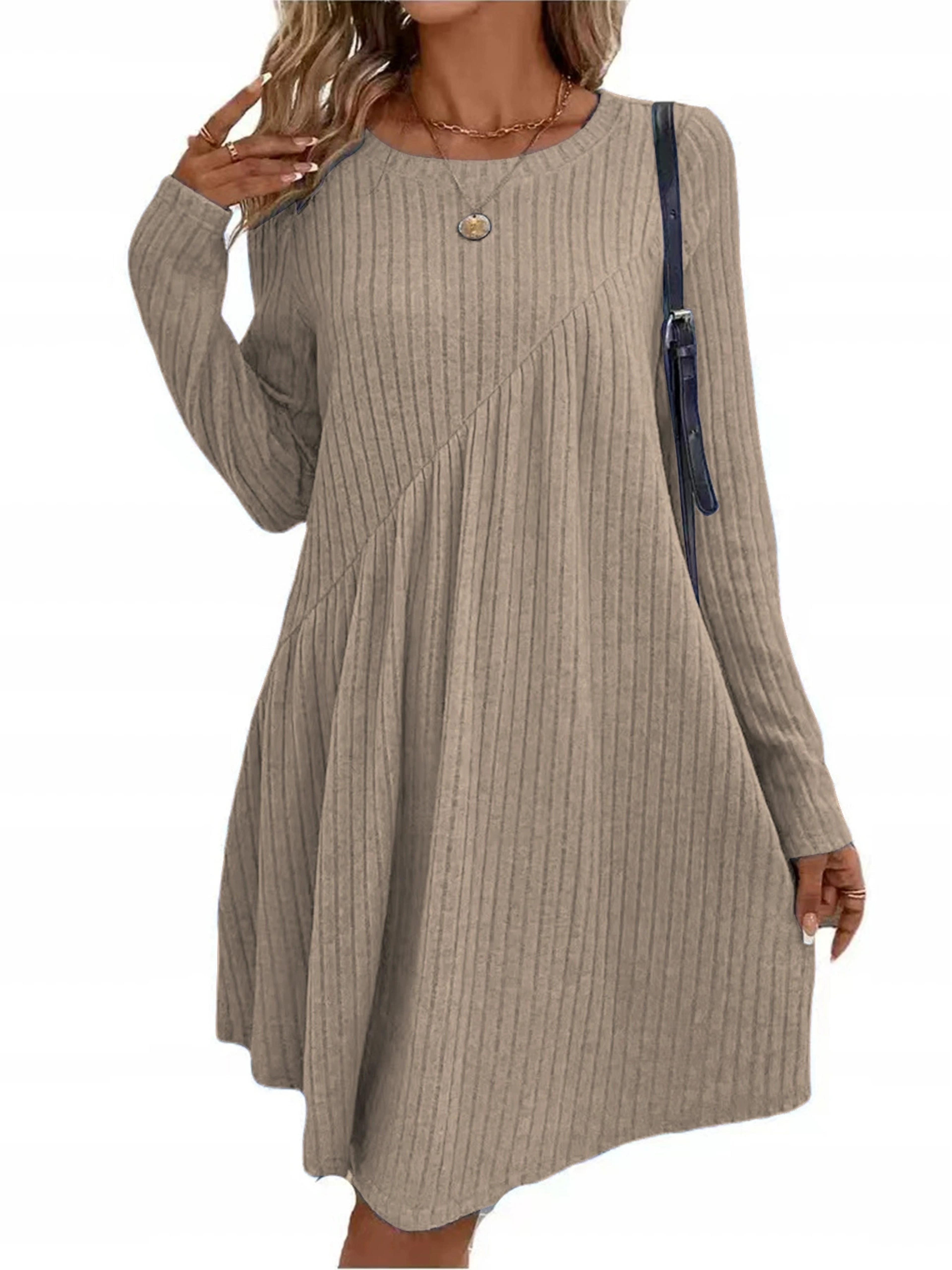 Women's Bohemian Knee-Length A-Line Dress with Long Sleeves and Ribbed Knit Fabric – view 3