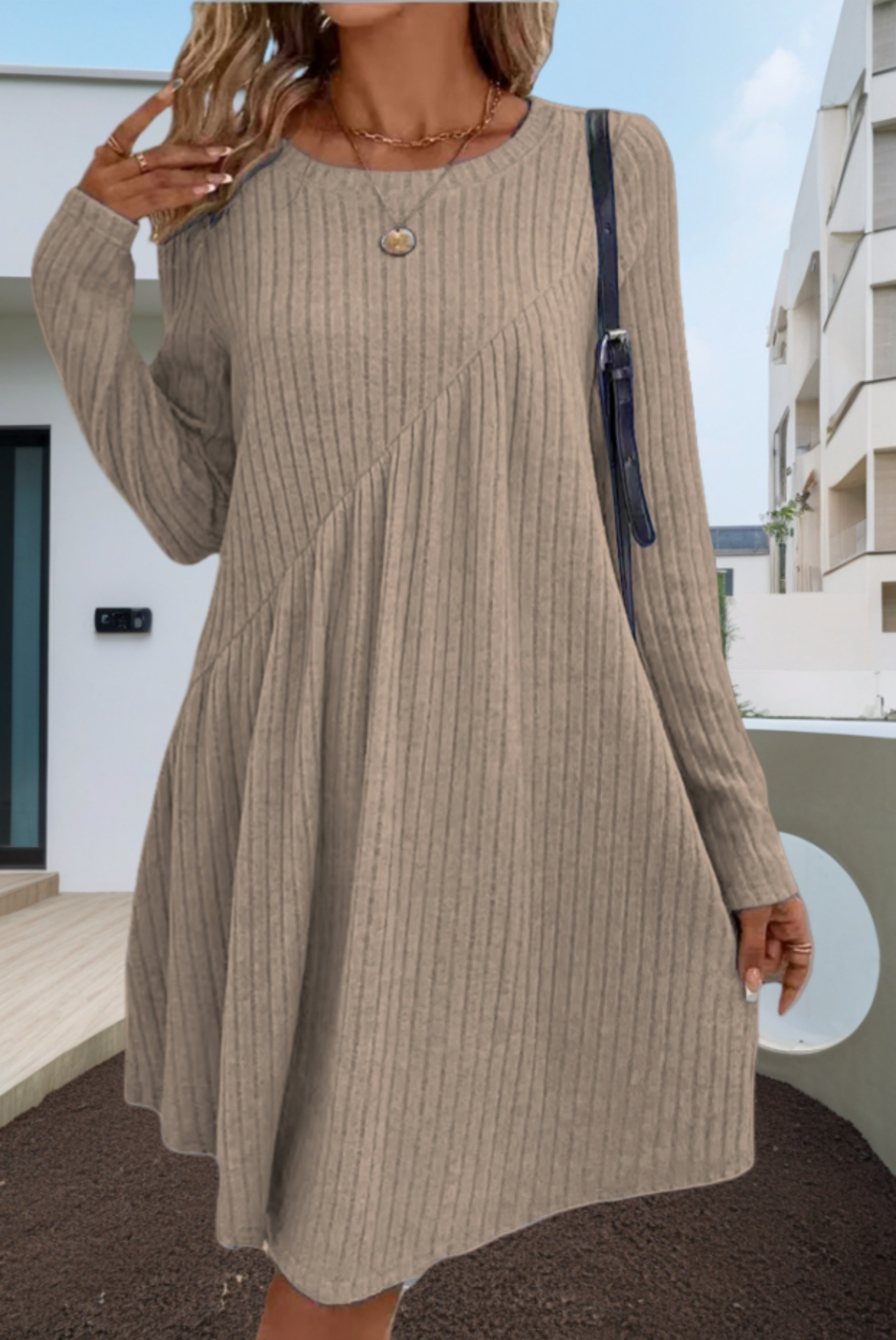 Women's Bohemian Knee-Length A-Line Dress with Long Sleeves and Ribbed Knit Fabric – view 11