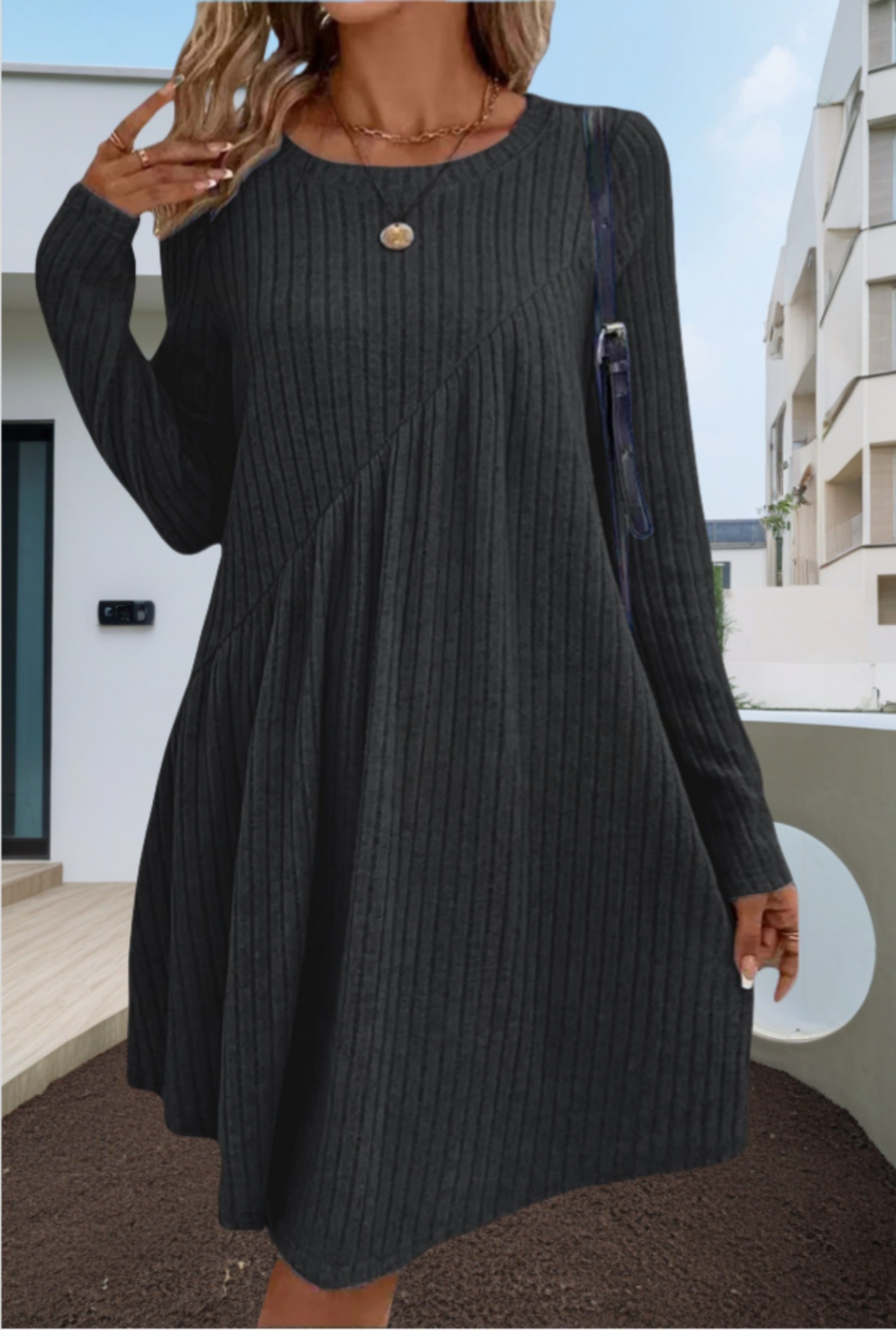 Women's Bohemian Knee-Length A-Line Dress with Long Sleeves and Ribbed Knit Fabric – view 10