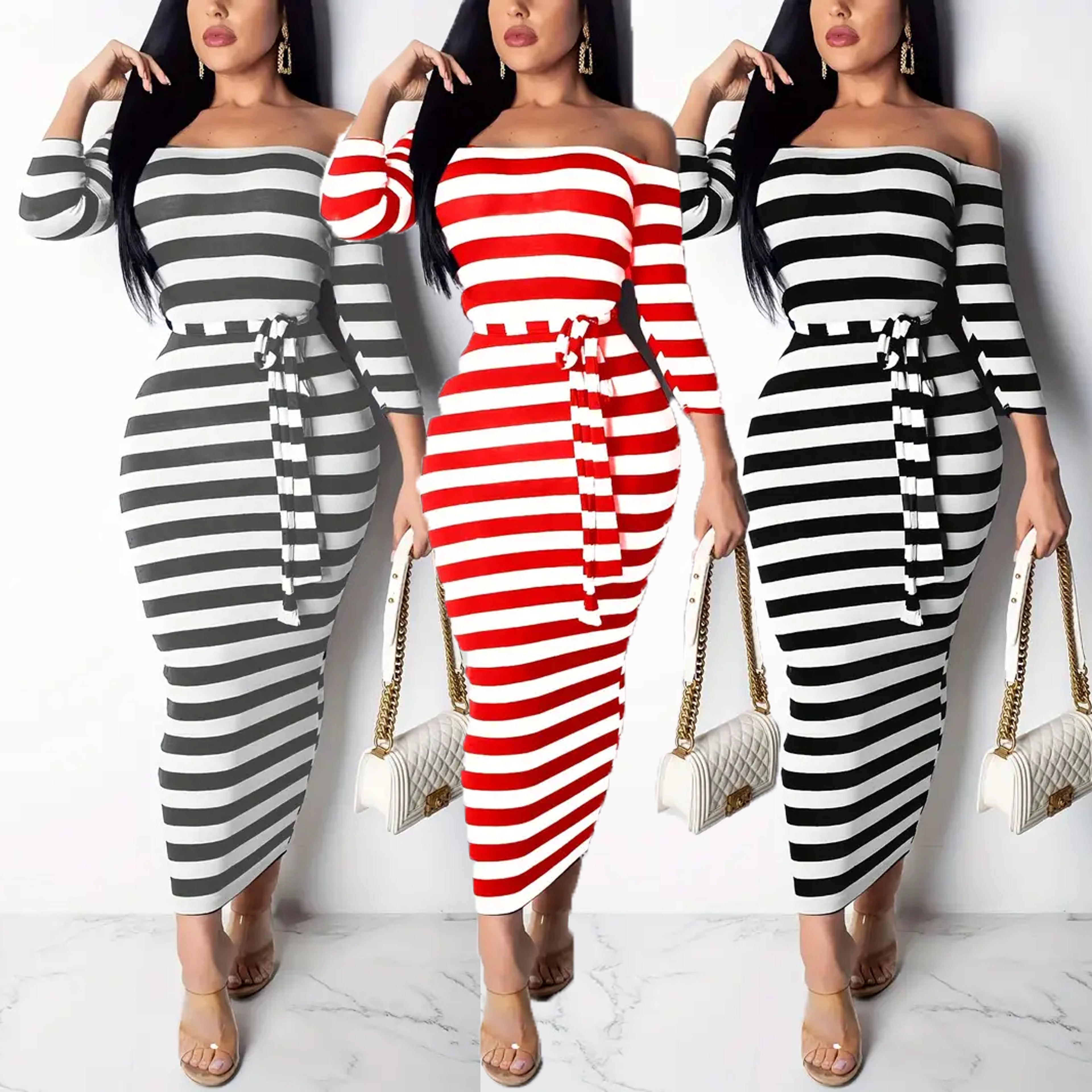 Womens Striped Bodycon Midi Dress With LaceUp Corset Detail 1