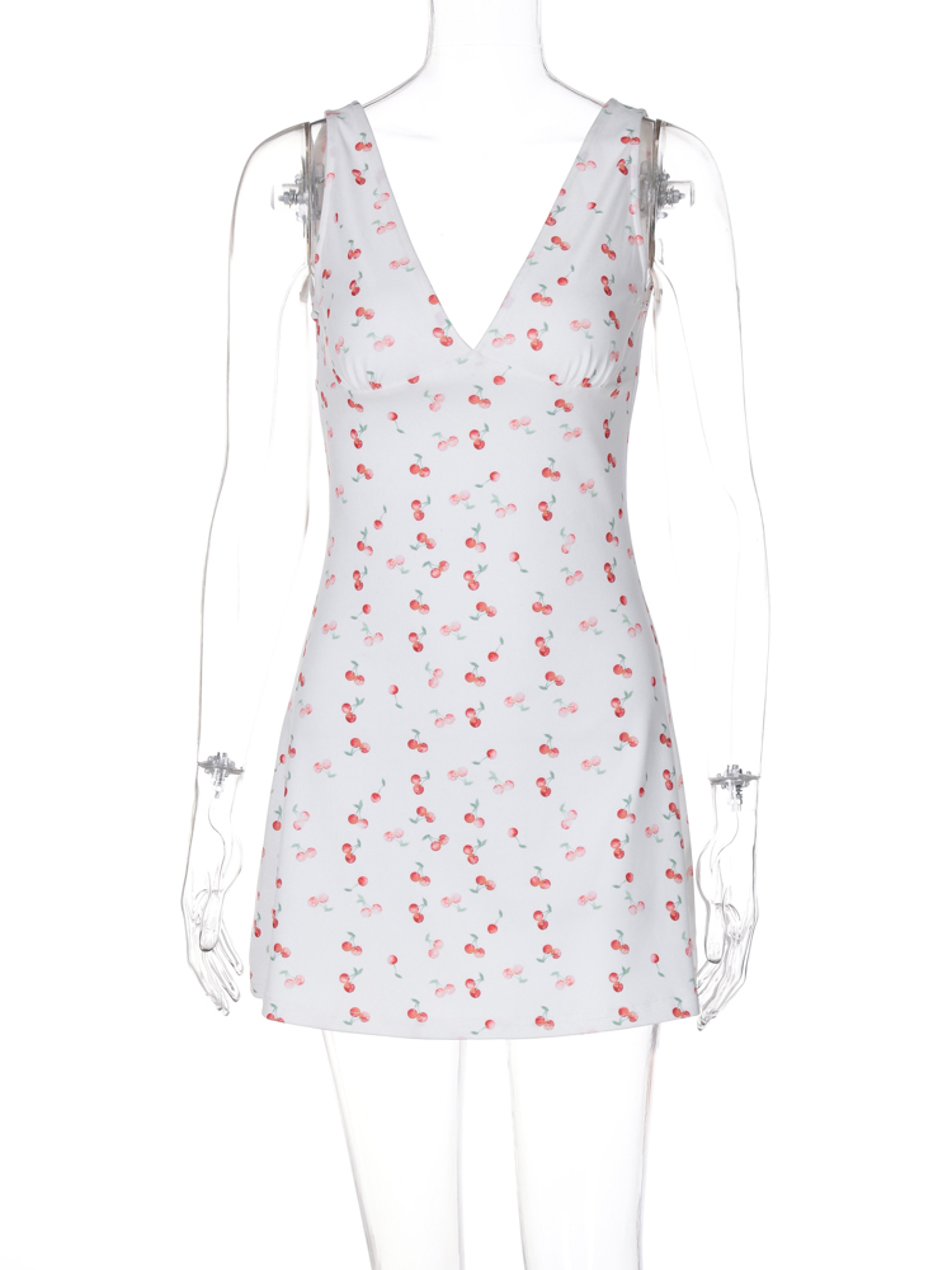 Cherry Print Backless Bodycon Mini Dress with V-Neck and Draped Design – view 6