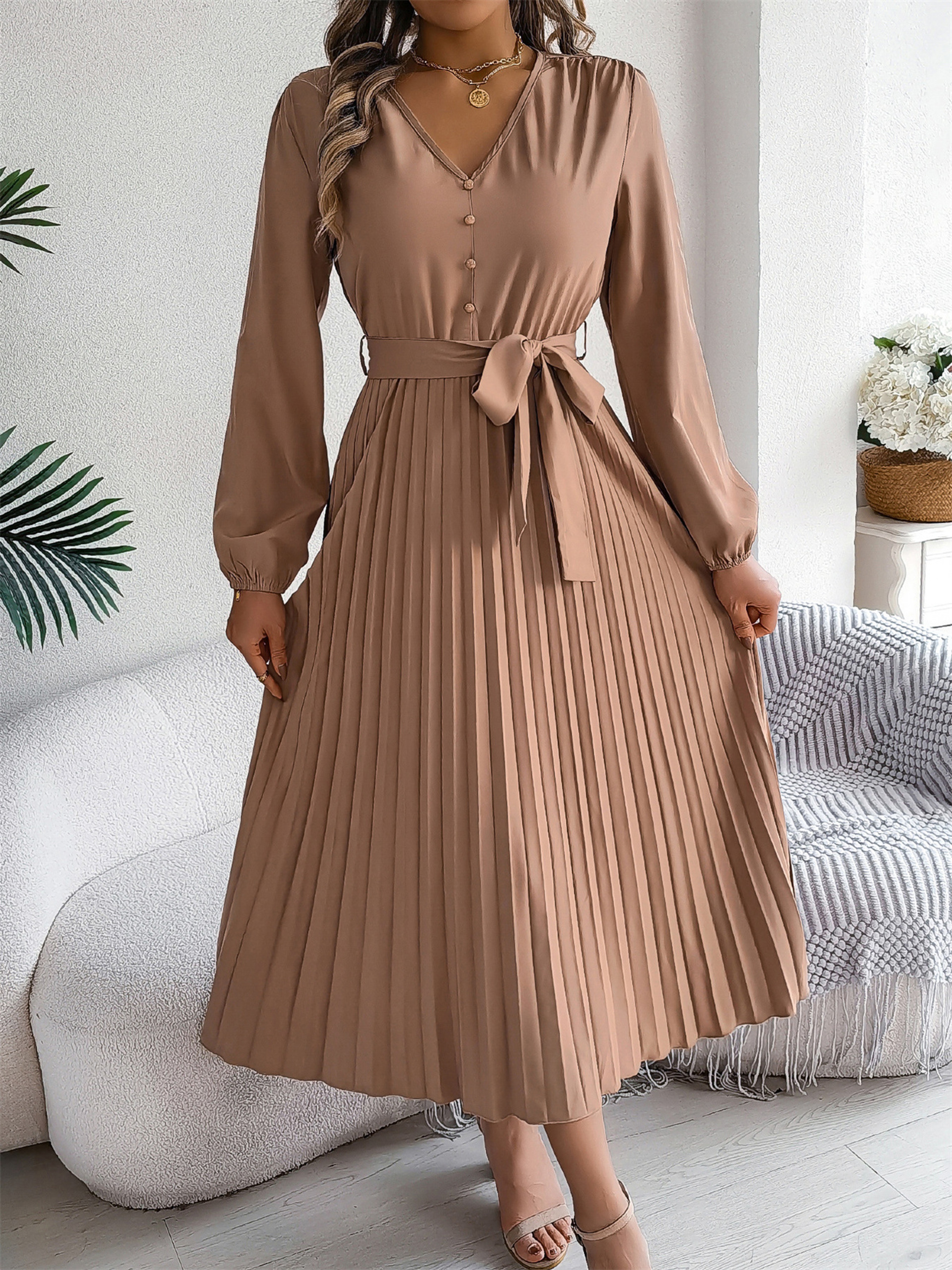 Womens Elegant VNeck Pleated Maxi Dress With Lantern Sleeves And Sash 8