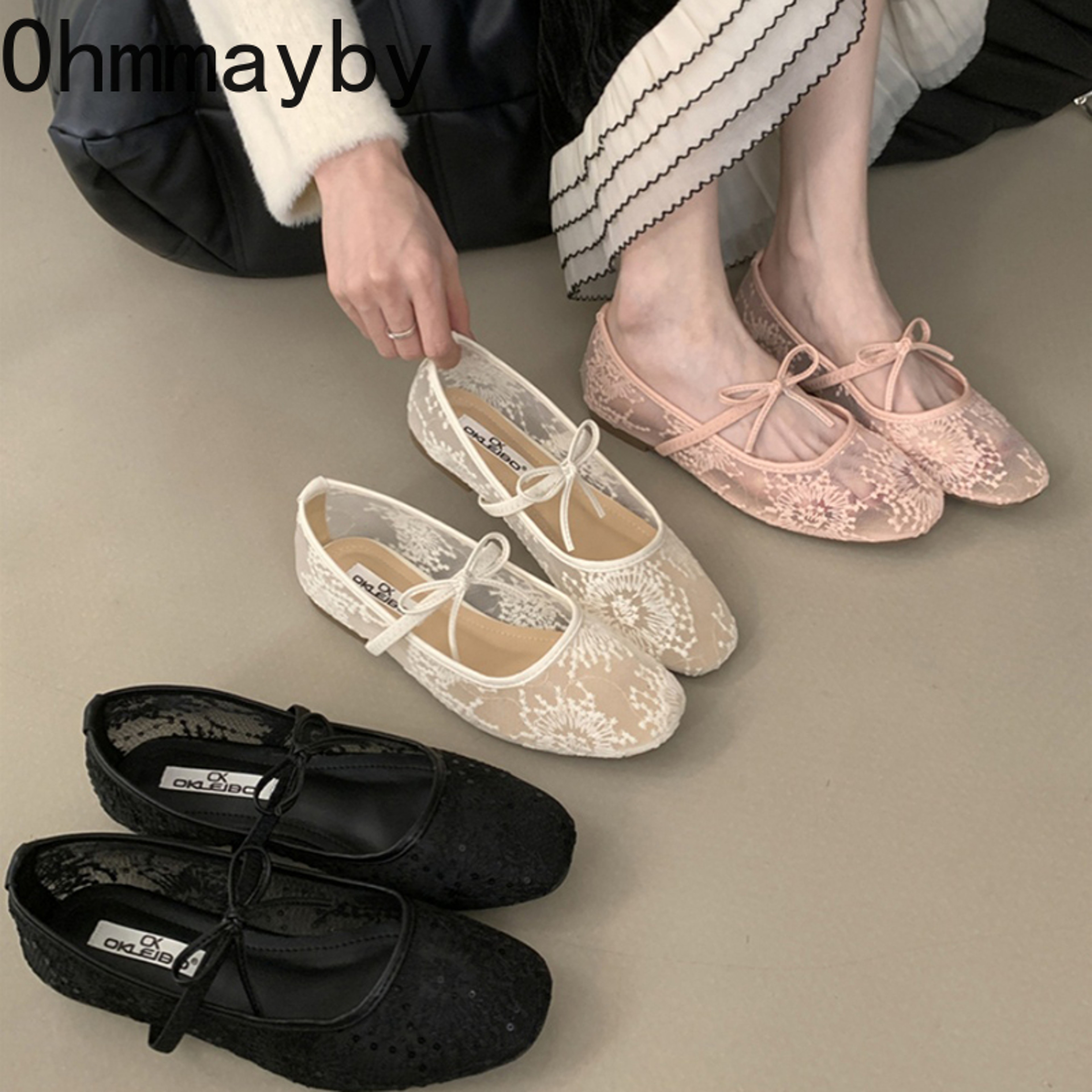 Womens Lace Mary Jane Flats With Butterfly Bow And Soft Rubber Sole 1