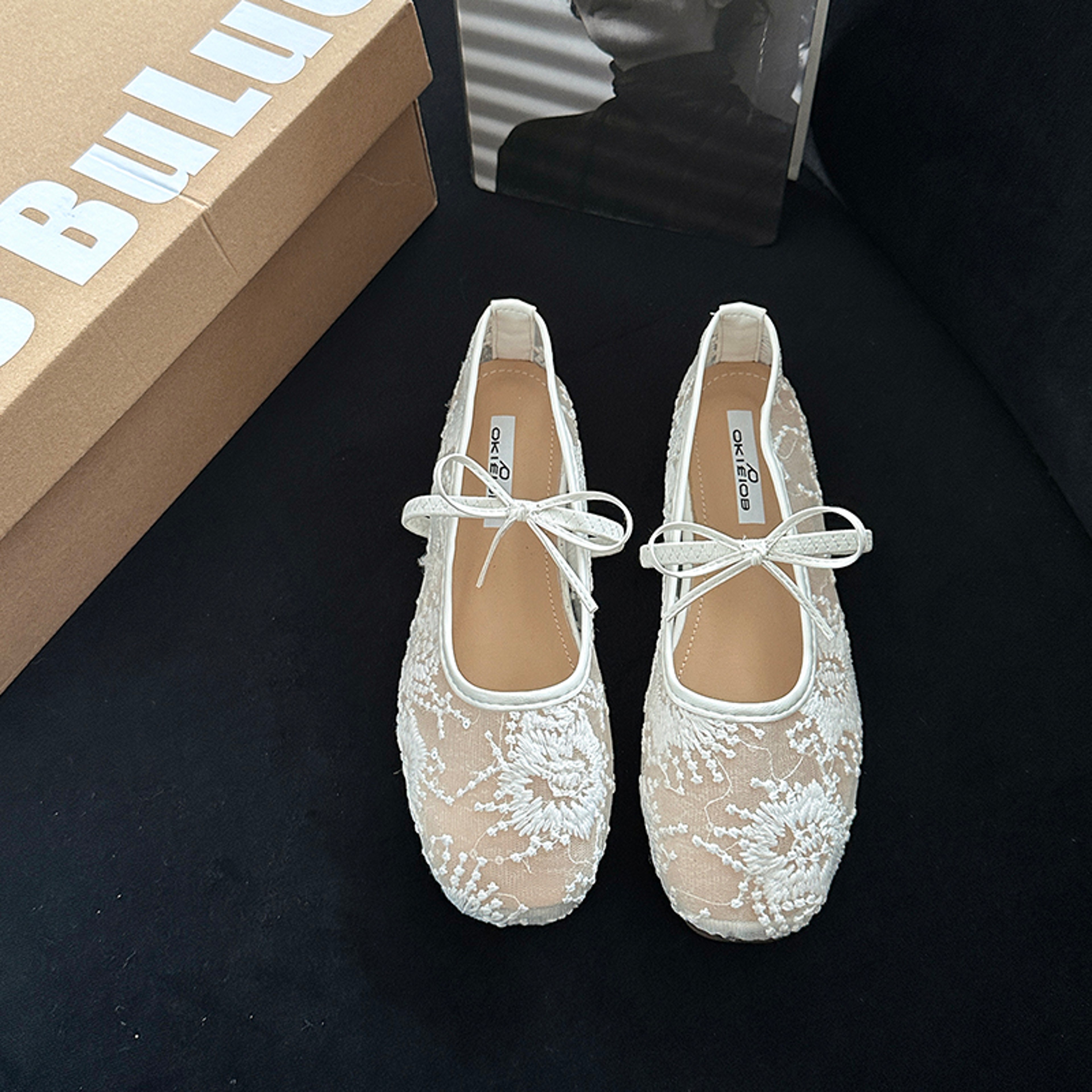 Womens Lace Mary Jane Flats With Butterfly Bow And Soft Rubber Sole 8