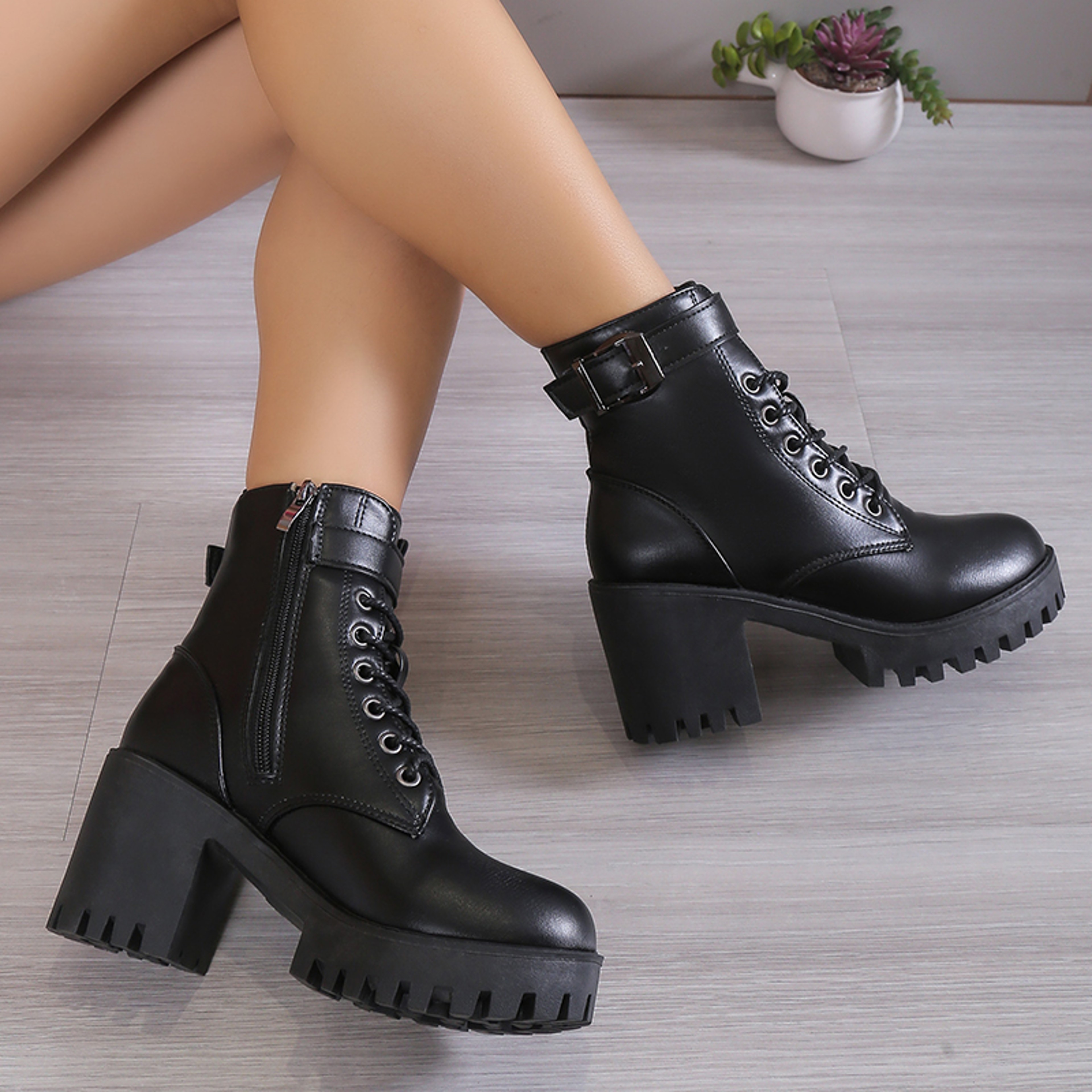 Women's Waterproof Ankle Boots with Side Zipper and Square Heel – view 2