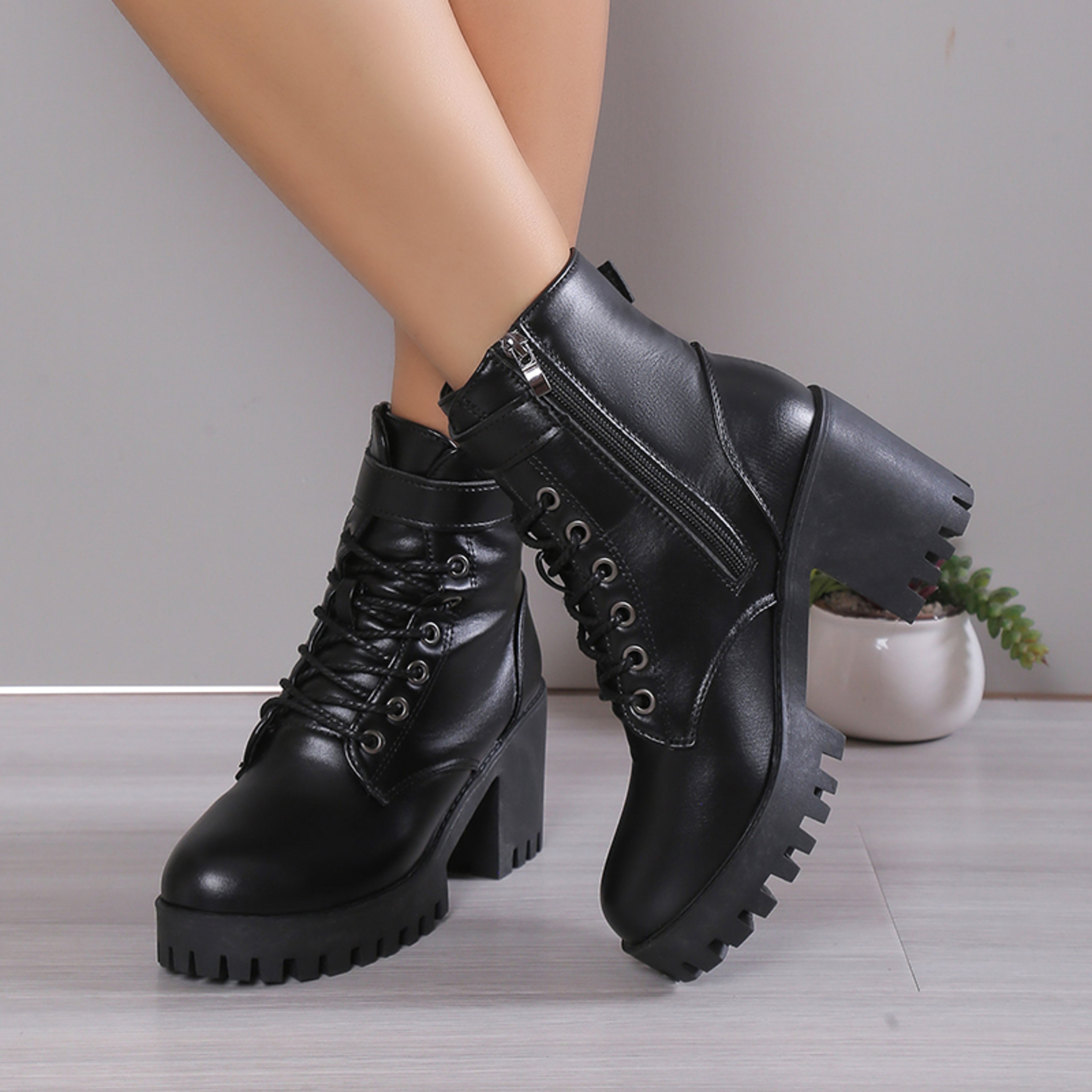 Women's Waterproof Ankle Boots with Side Zipper and Square Heel – view 5