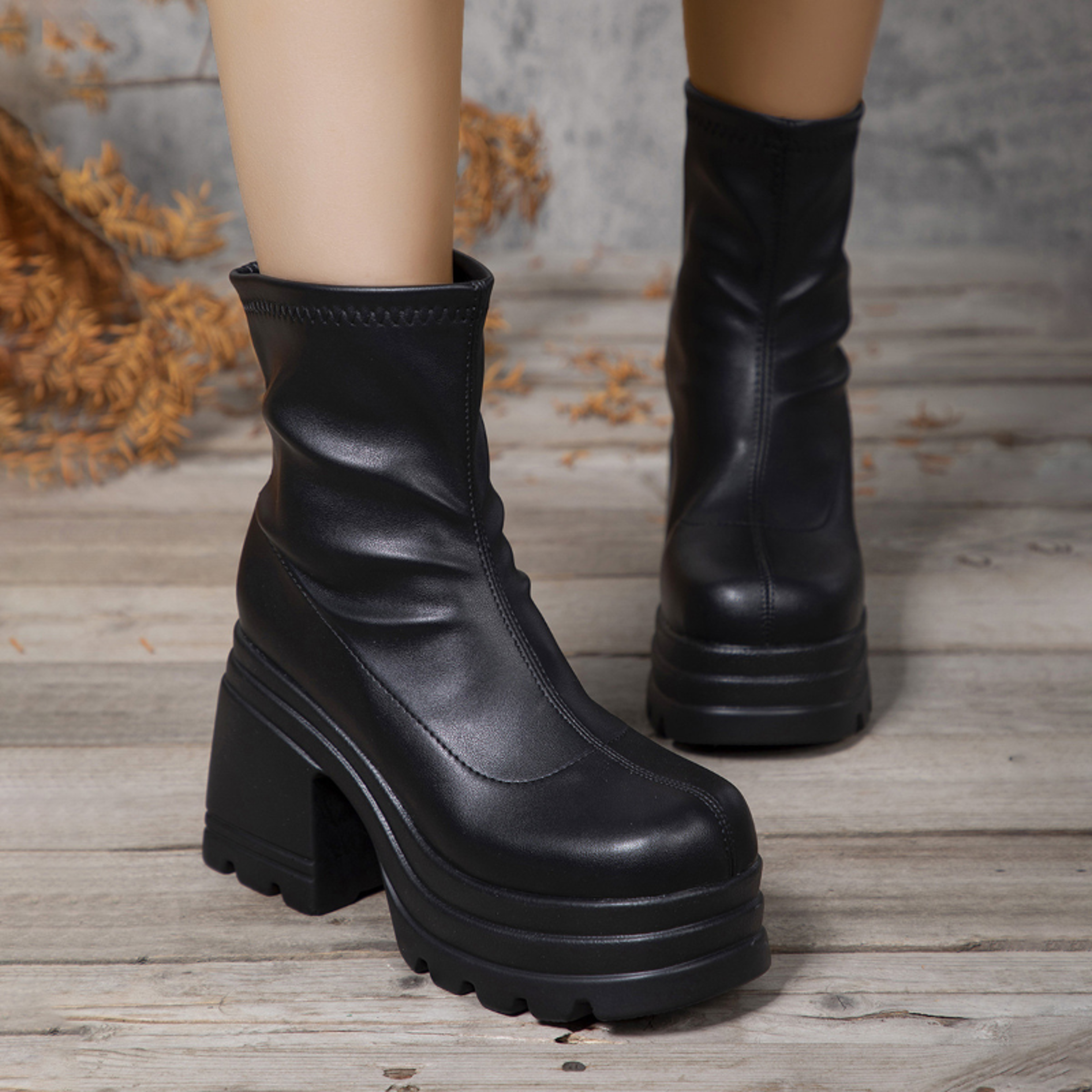 Women's Square Toe Platform Boots with High Block Heels and Slip-On Design – view 5