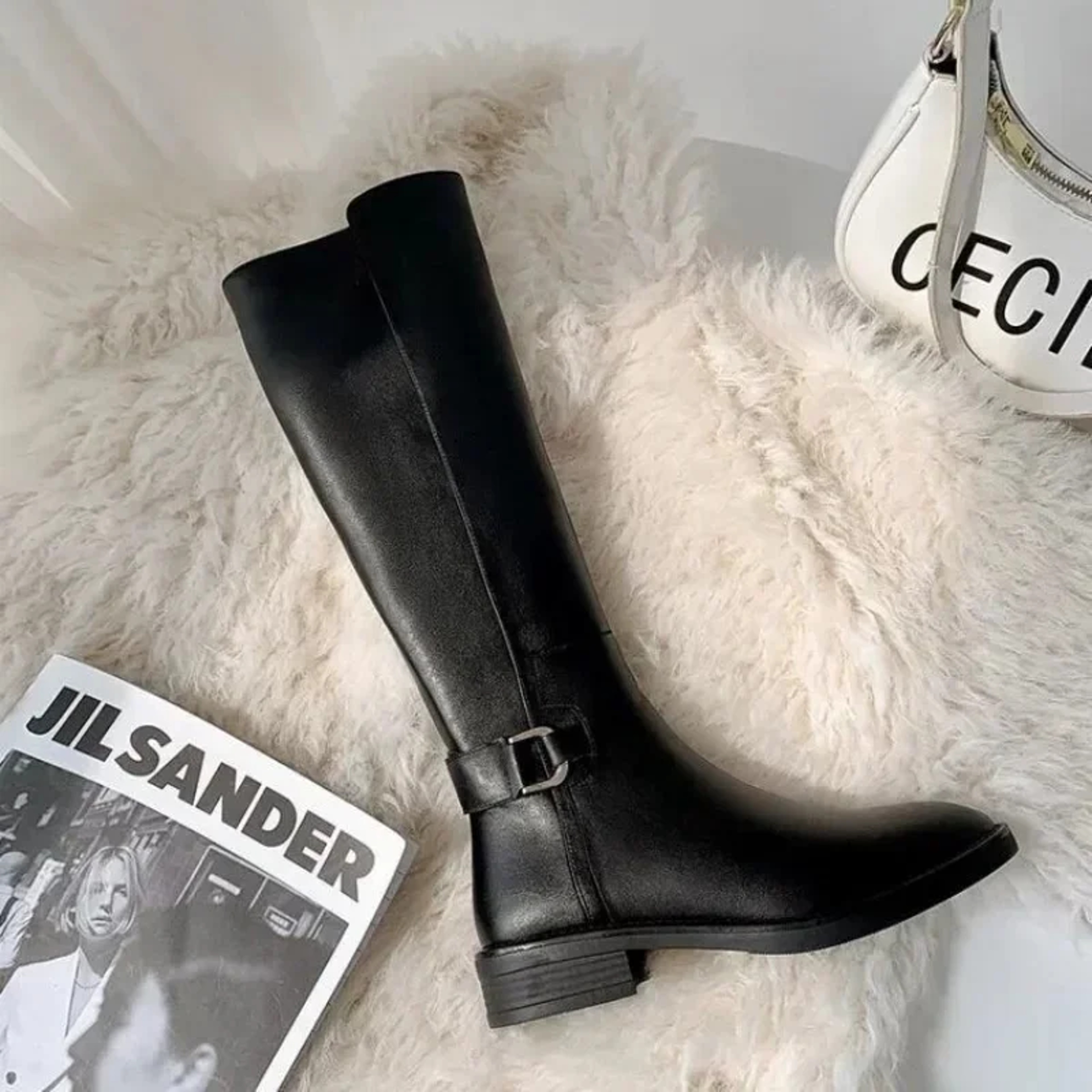 Womens Black KneeHigh PU Leather Boots With Buckle Detail And Square Heel 3