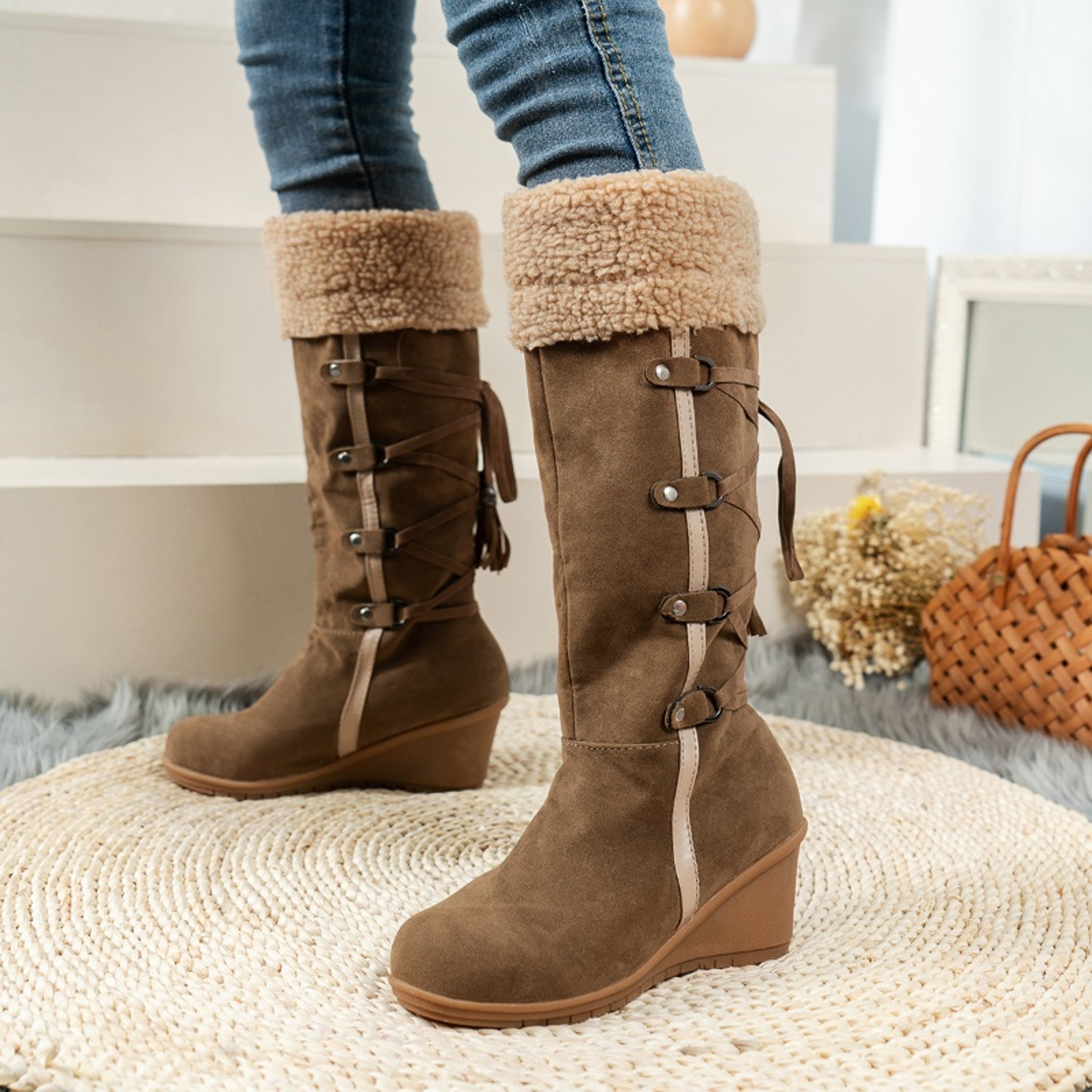 Women's Waterproof Wedge Heel Winter Boots with Cross-Tied Lace-Up Design – view 4