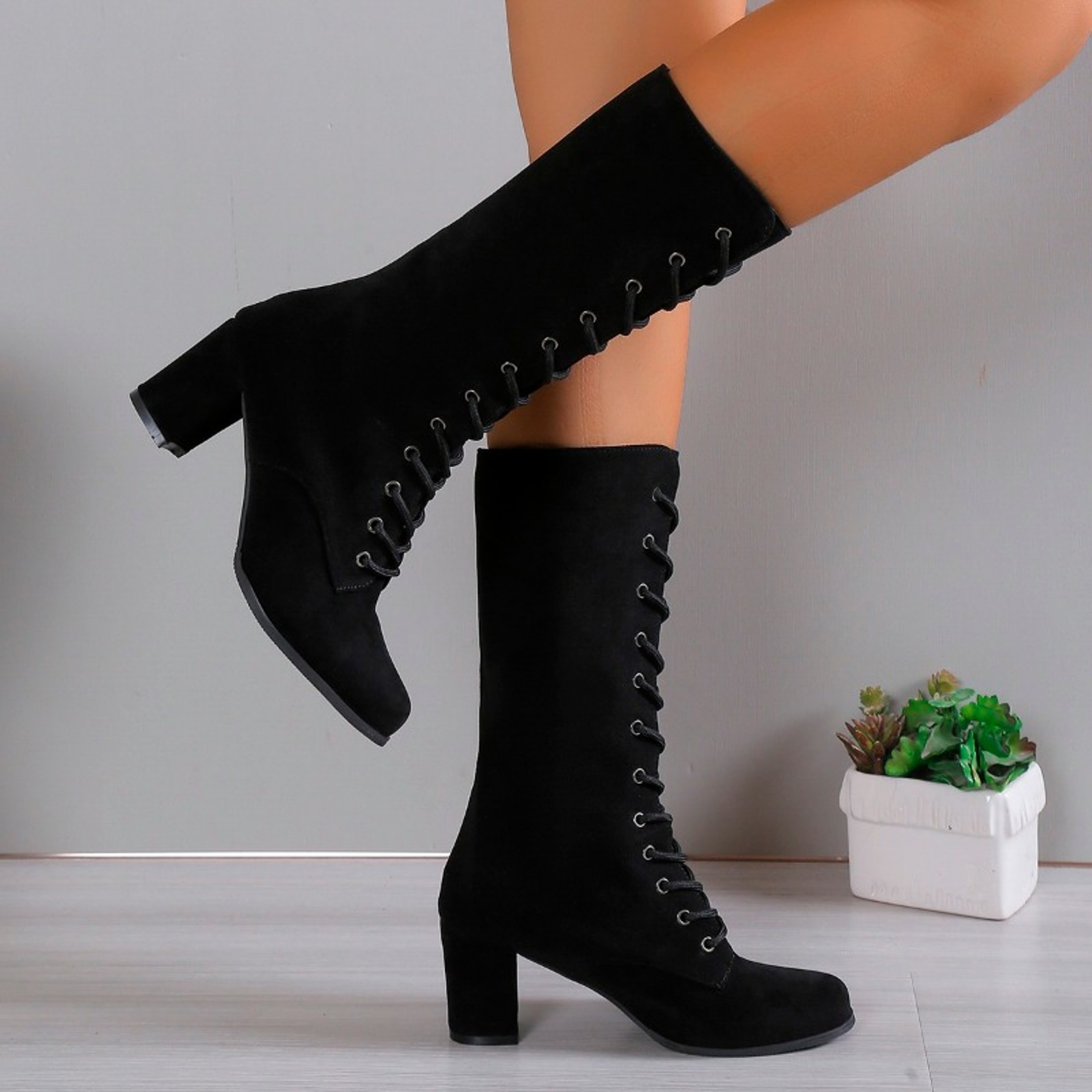 Womens MidCalf Suede Boots With LaceUp Closure And Square Heel 4
