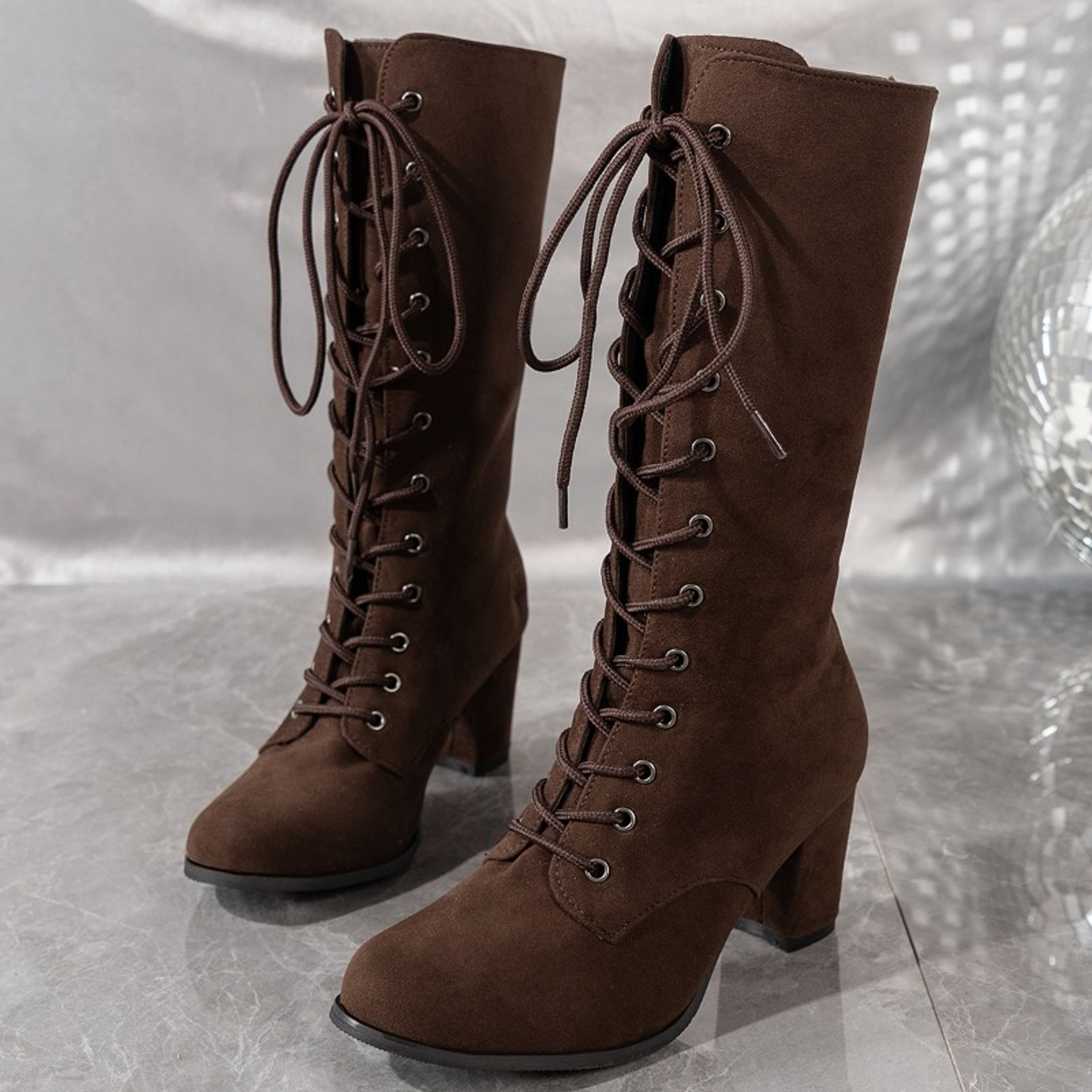 Womens MidCalf Suede Boots With LaceUp Closure And Square Heel 7