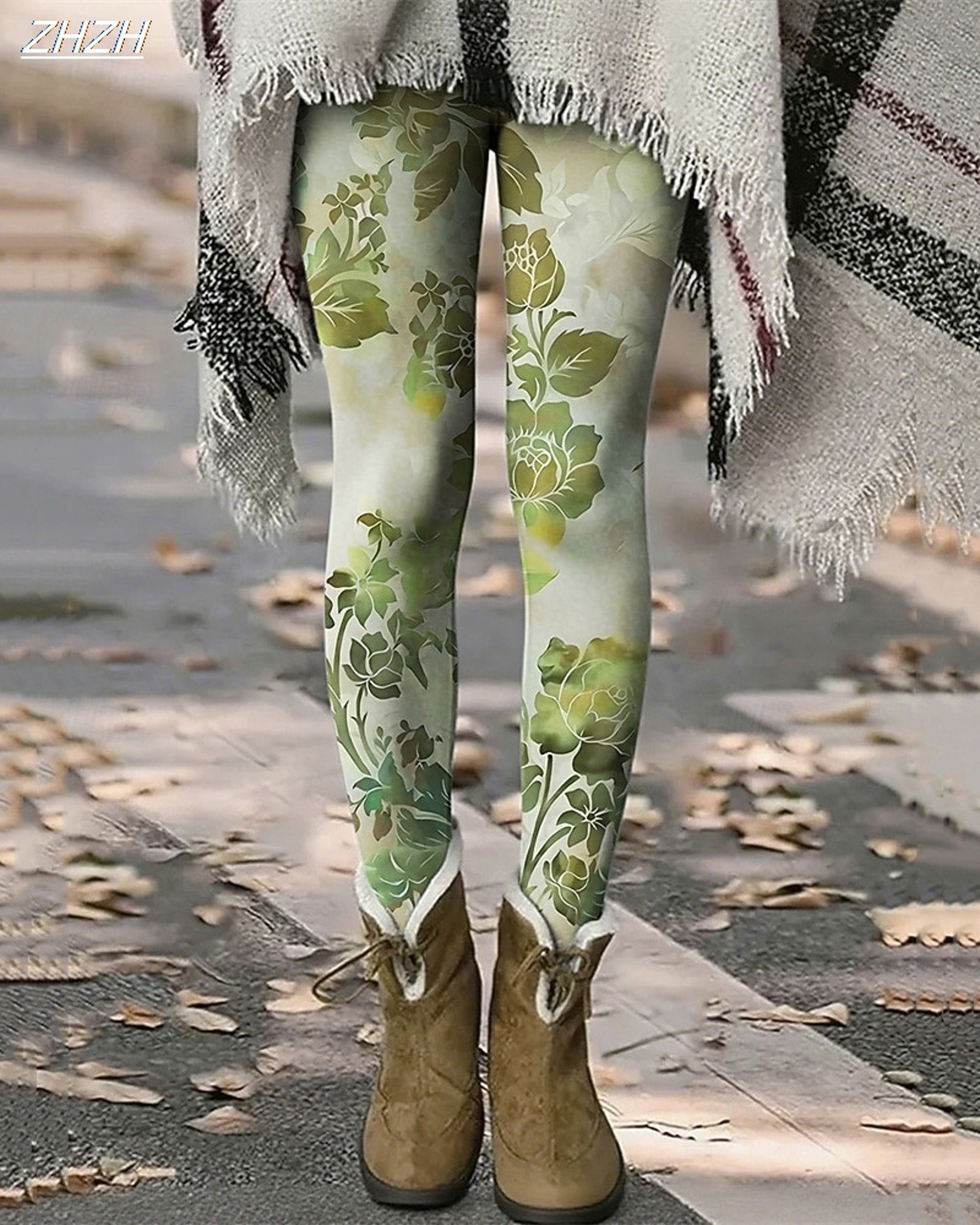 Womens Vintage Floral Print Fleece Leggings With Stretch Elastic Waist 2