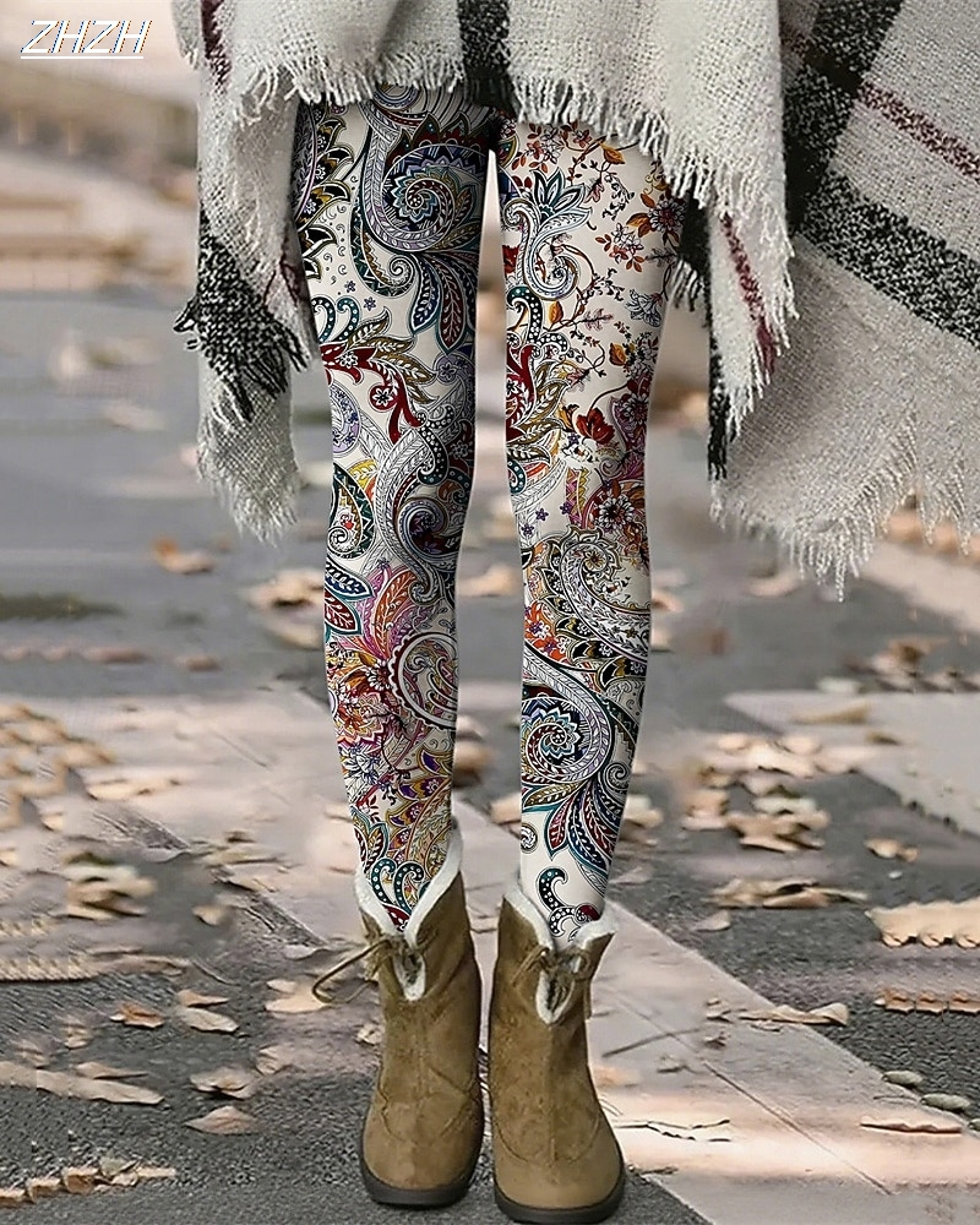 Womens Vintage Floral Print Fleece Leggings With Stretch Elastic Waist 4