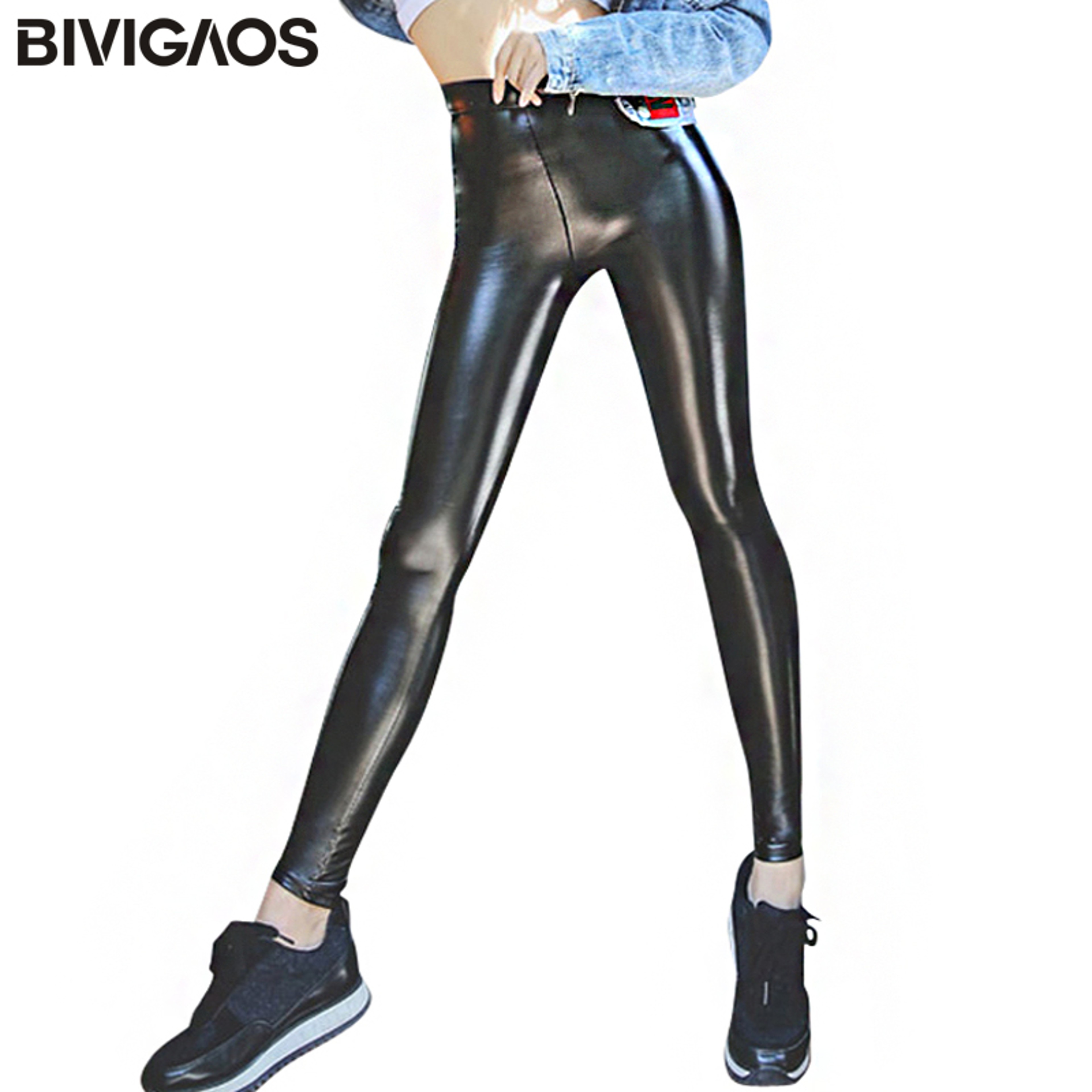 Womens HighWaisted Faux Leather Leggings With Warm Velour Fabric 1