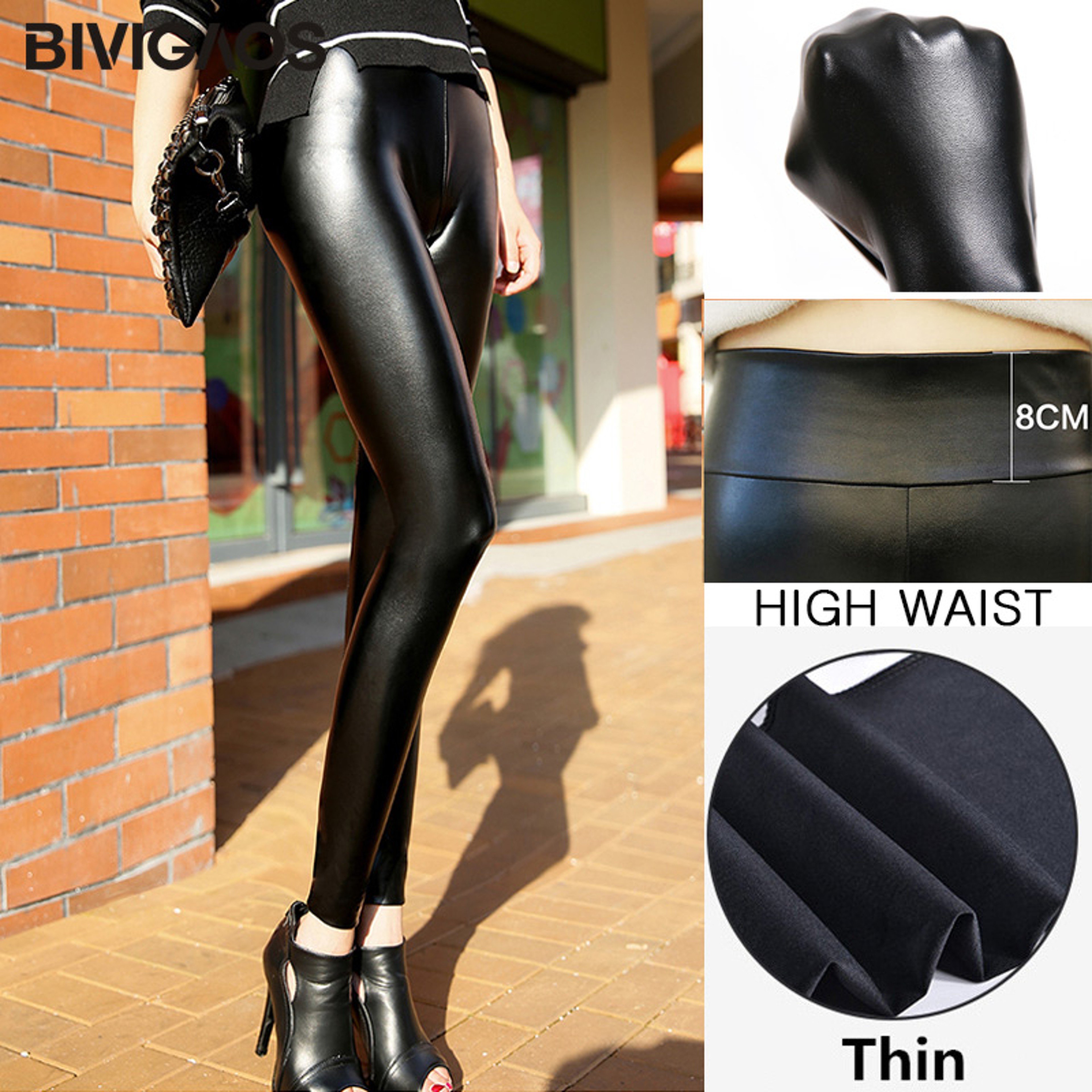 Womens HighWaisted Faux Leather Leggings With Warm Velour Fabric 7