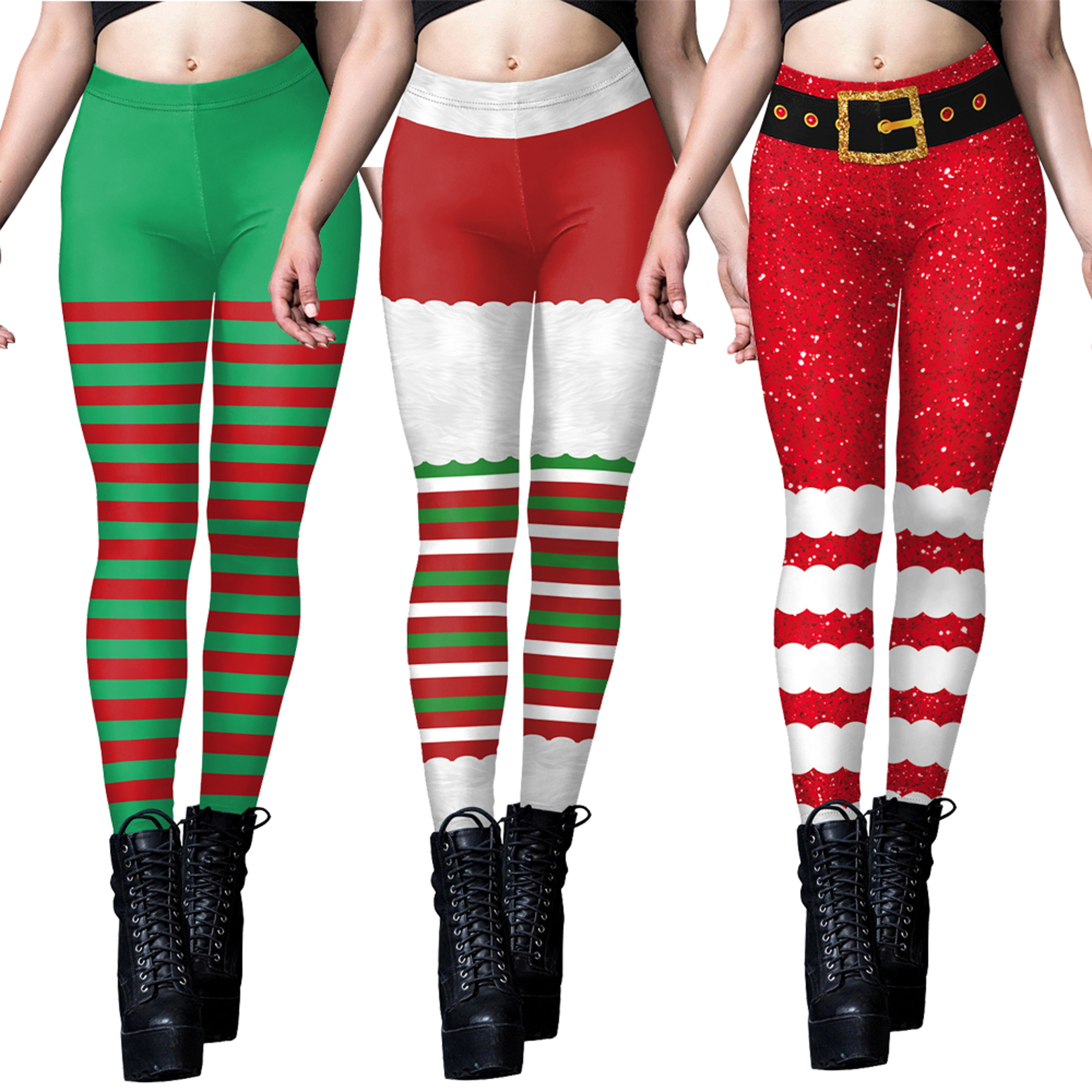 Womens Christmas Elf Leggings With Striped Snowflake Print 1