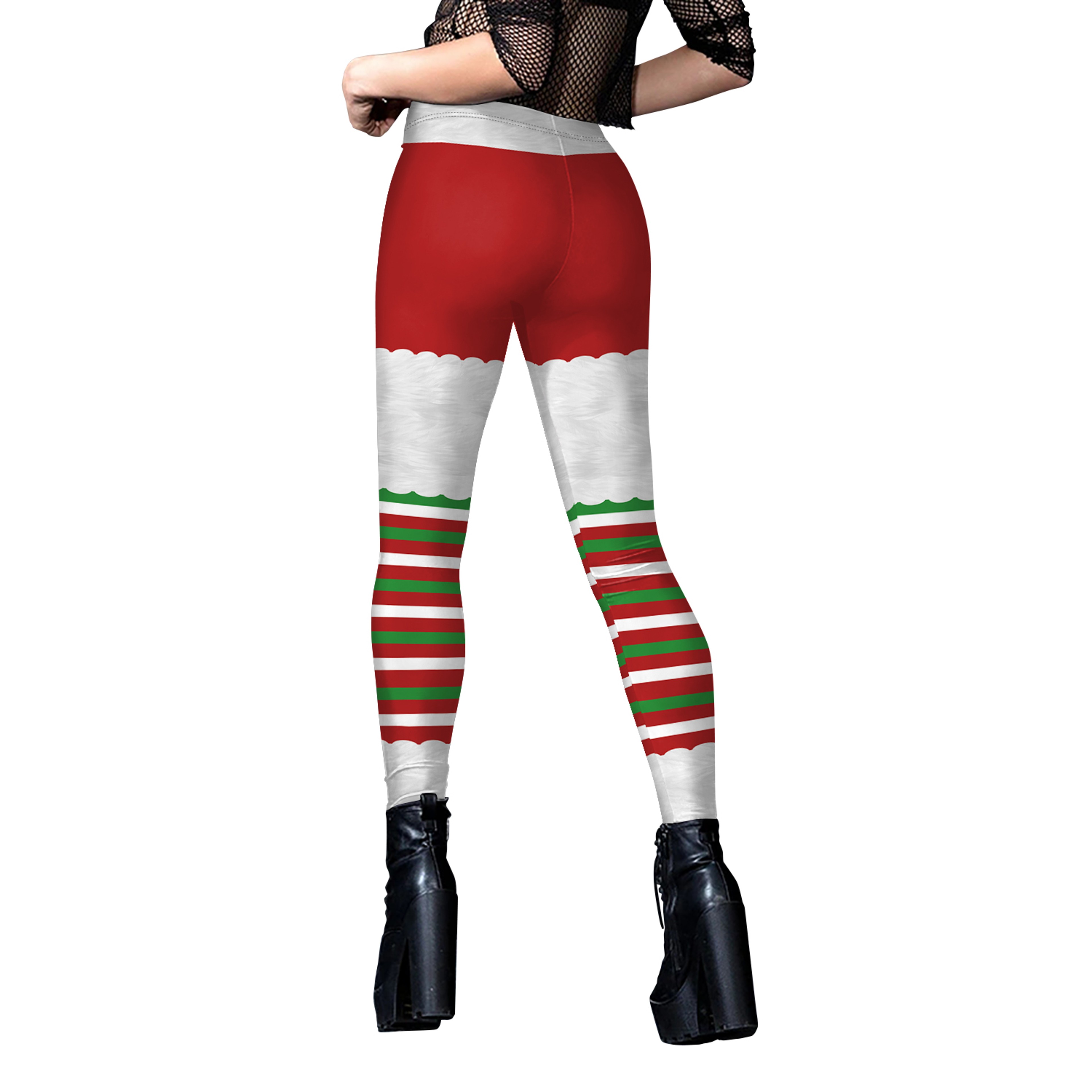 Womens Christmas Elf Leggings With Striped Snowflake Print 3